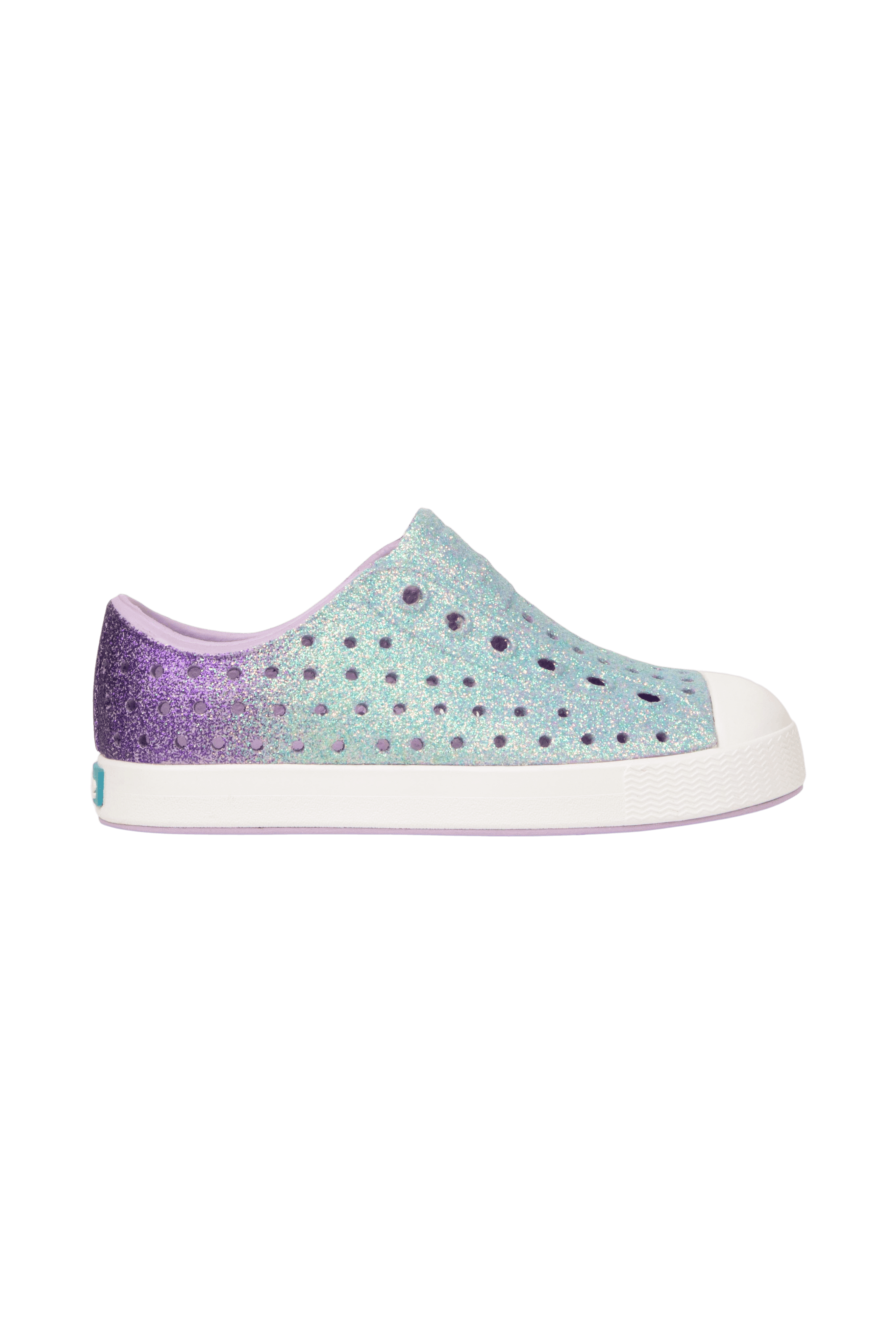Side view of a Native Shoes Kids Jefferson Bio-Bling Kids Footwear in Fresco Twirling Bling / Shell White