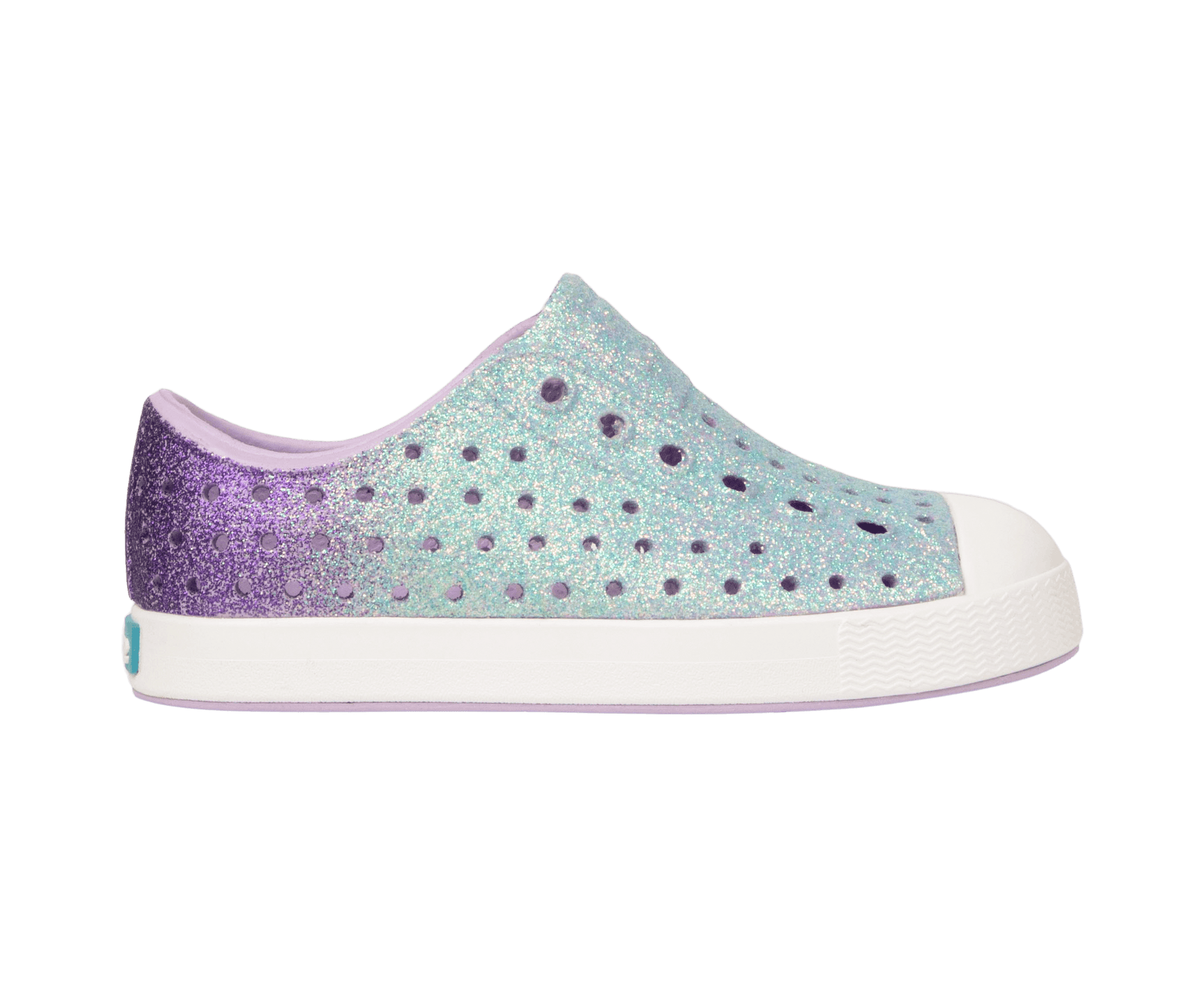 Side view of a Native Shoes Kids Jefferson Bio-Bling Kids Footwear in Fresco Twirling Bling / Shell White