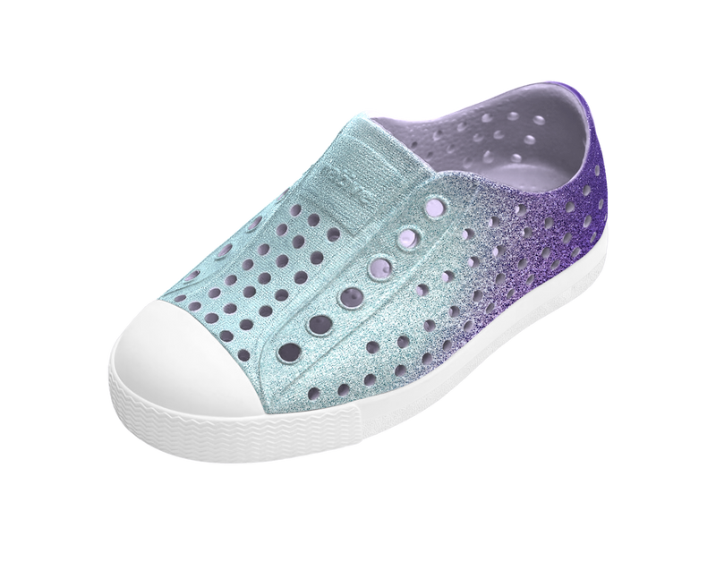 Angled view of a Native Shoes Kids Jefferson Bio-Bling Kids | Fresco Twirling Bling / Shell White Footwear in Fresco Twirling Bling / Shell White
