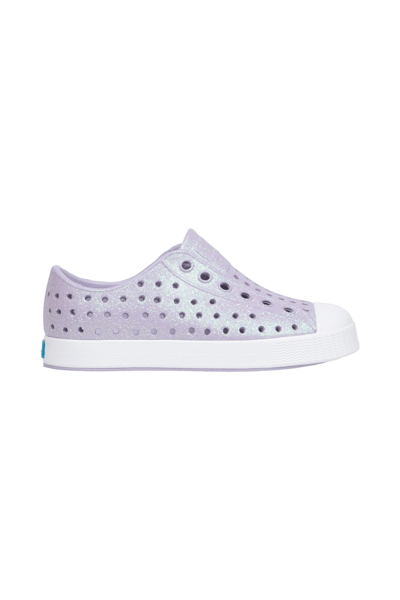 Side view of a Native Shoes Kids Jefferson Bio-Bling Kids Footwear in Future Purple Bling / Shell White