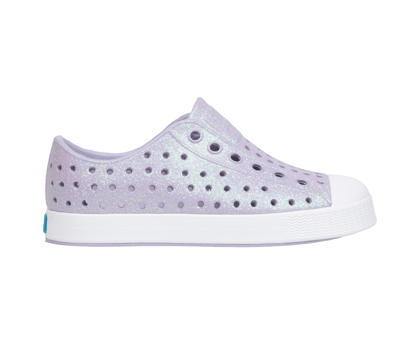 Side view of a Native Shoes Kids Jefferson Bio-Bling Kids Footwear in Future Purple Bling / Shell White