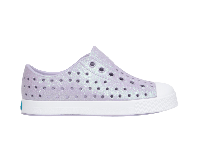 Side view of a Native Shoes Kids Jefferson Bio-Bling Kids Footwear in Future Purple Bling / Shell White