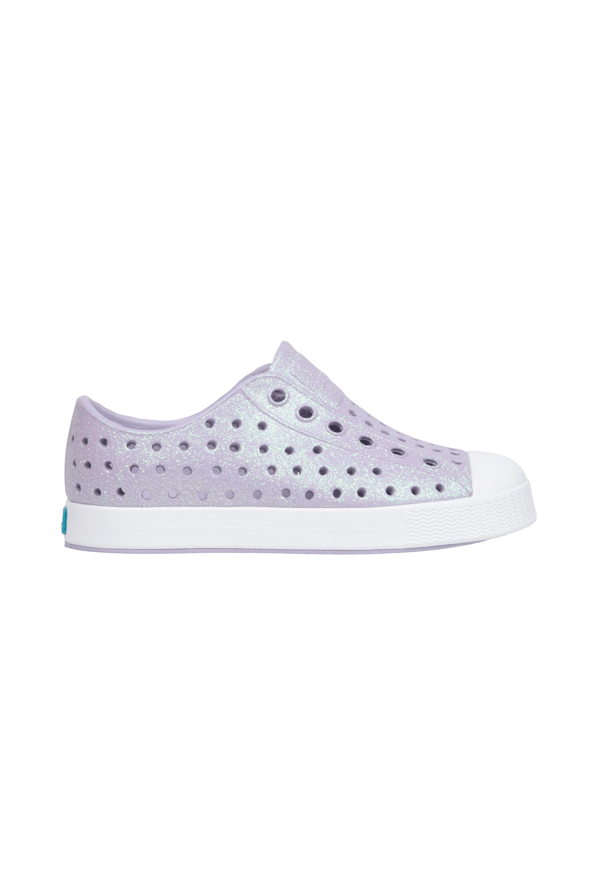 Side view of a Native Shoes Kids Jefferson Bio-Bling Kids Footwear in Future Purple Bling / Shell White