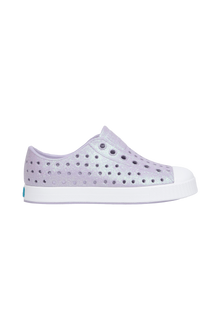 Side view of a Native Shoes Kids Jefferson Bio-Bling Kids Footwear in Future Purple Bling / Shell White
