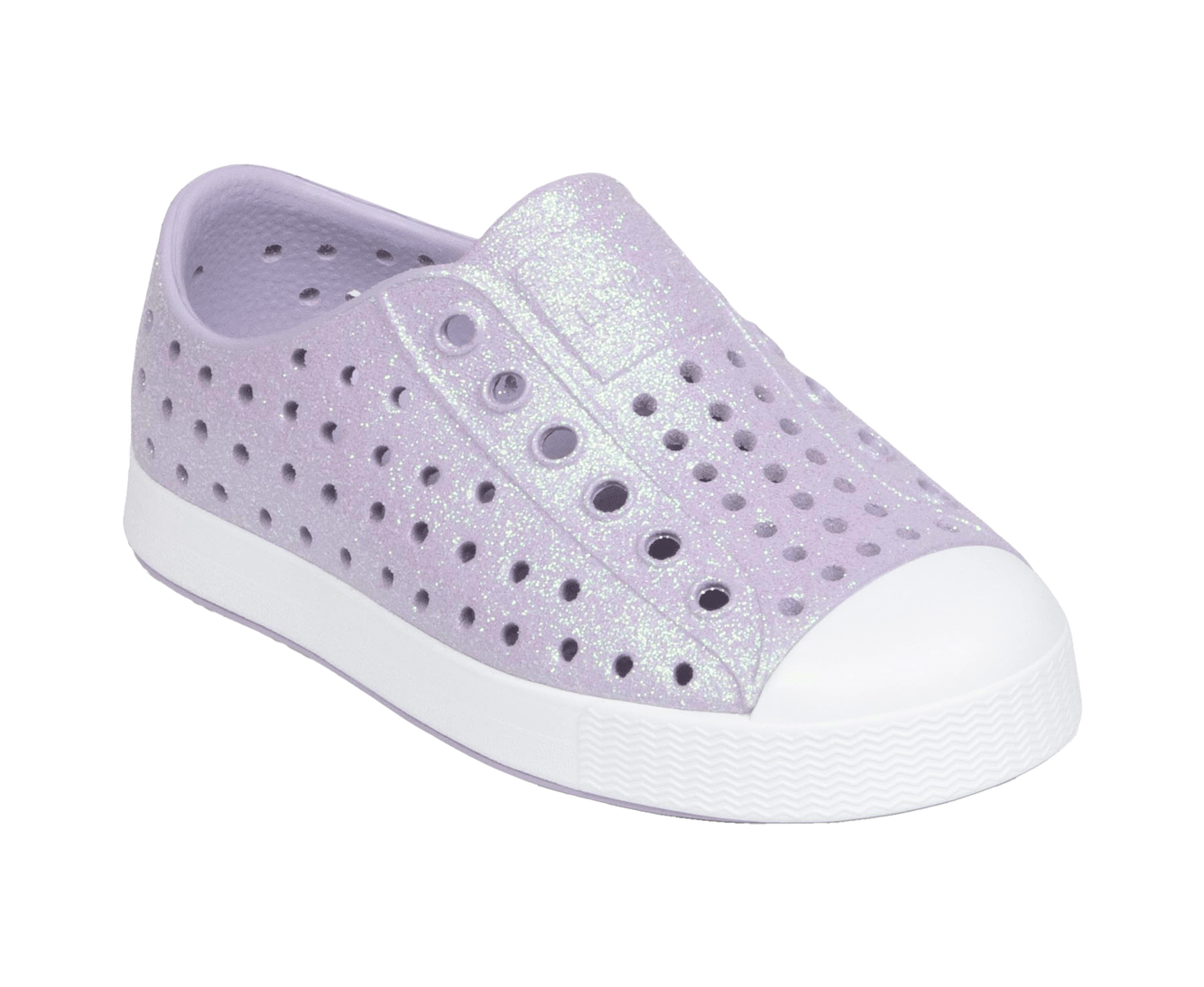 Angled view of a Native Shoes Kids Jefferson Bio-Bling Kids | Future Purple Bling / Shell White Footwear in Future Purple Bling / Shell White