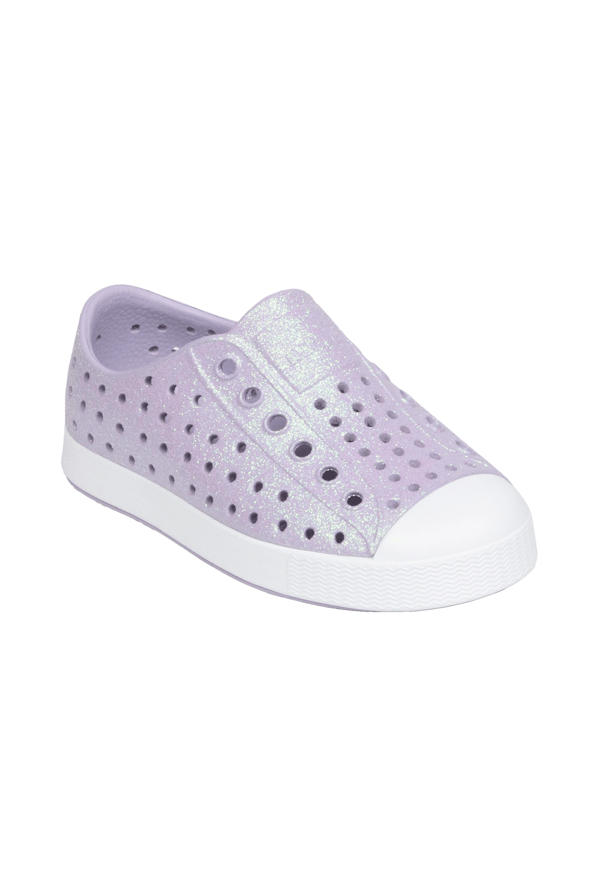 Angled view of a Native Shoes Kids Jefferson Bio-Bling Kids | Future Purple Bling / Shell White Footwear in Future Purple Bling / Shell White
