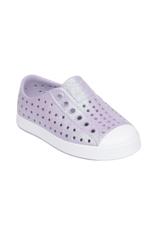 Angled view of a Native Shoes Kids Jefferson Bio-Bling Kids | Future Purple Bling / Shell White Footwear in Future Purple Bling / Shell White
