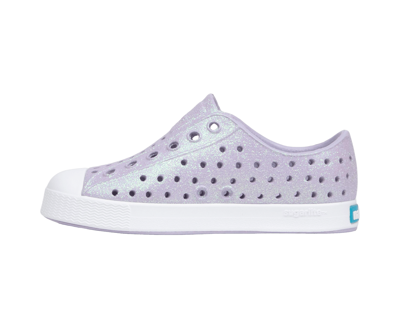 Bottom view of a Native Shoes Kids Jefferson Bio-Bling Kids | Future Purple Bling / Shell White Footwear in Future Purple Bling / Shell White