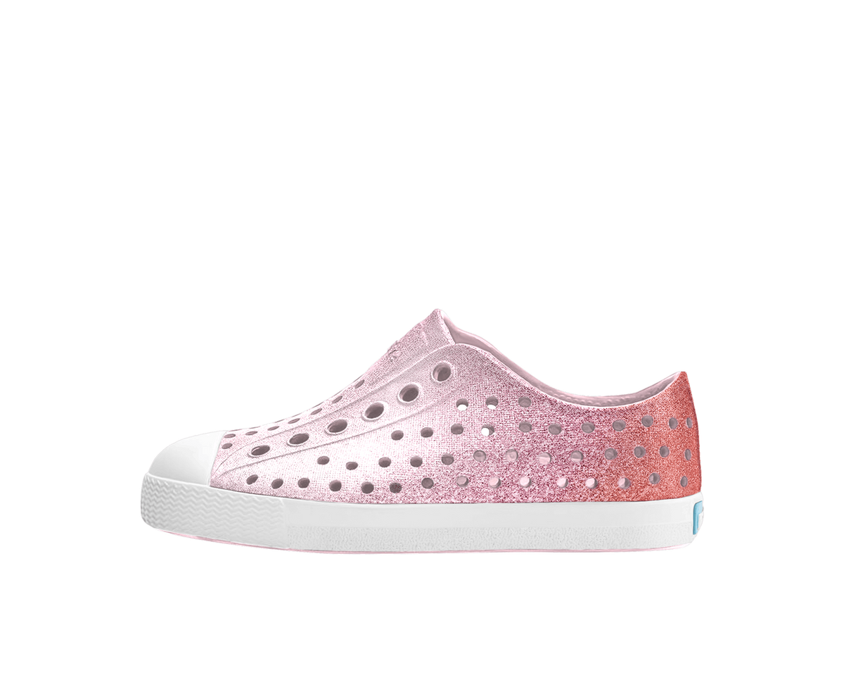 Side view of a Native Shoes Kids Jefferson Bio-Bling Kids Footwear in Barely Samba Bling / Shell White
