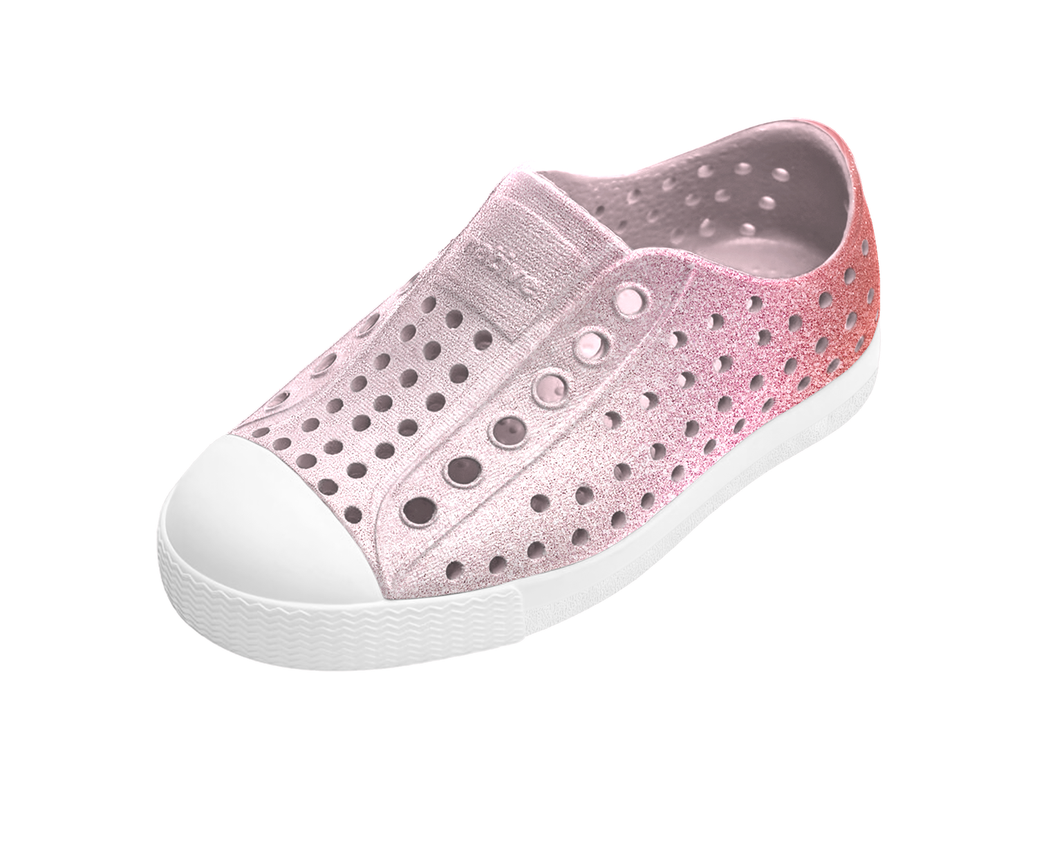 Angled view of a Native Shoes Kids Jefferson Bio-Bling Kids | Barely Samba Bling / Shell White Footwear in Barely Samba Bling / Shell White