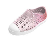 Angled view of a Native Shoes Kids Jefferson Bio-Bling Kids | Barely Samba Bling / Shell White Footwear in Barely Samba Bling / Shell White