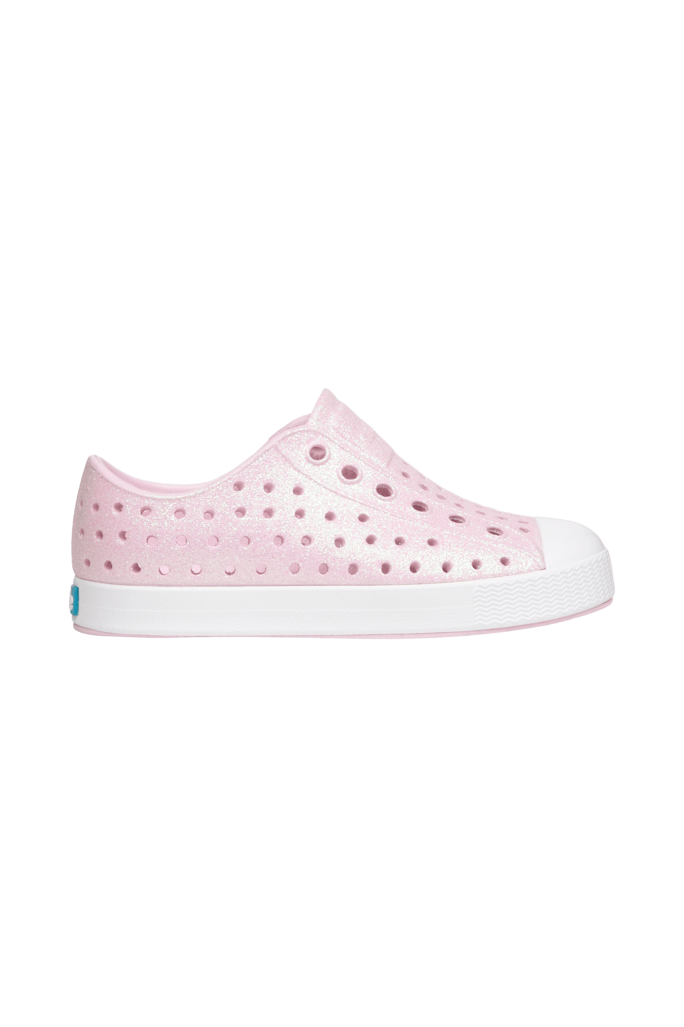 Side view of a Native Shoes Kids Jefferson Bio-Bling Kids Footwear in Barely Pink Bling / Shell White