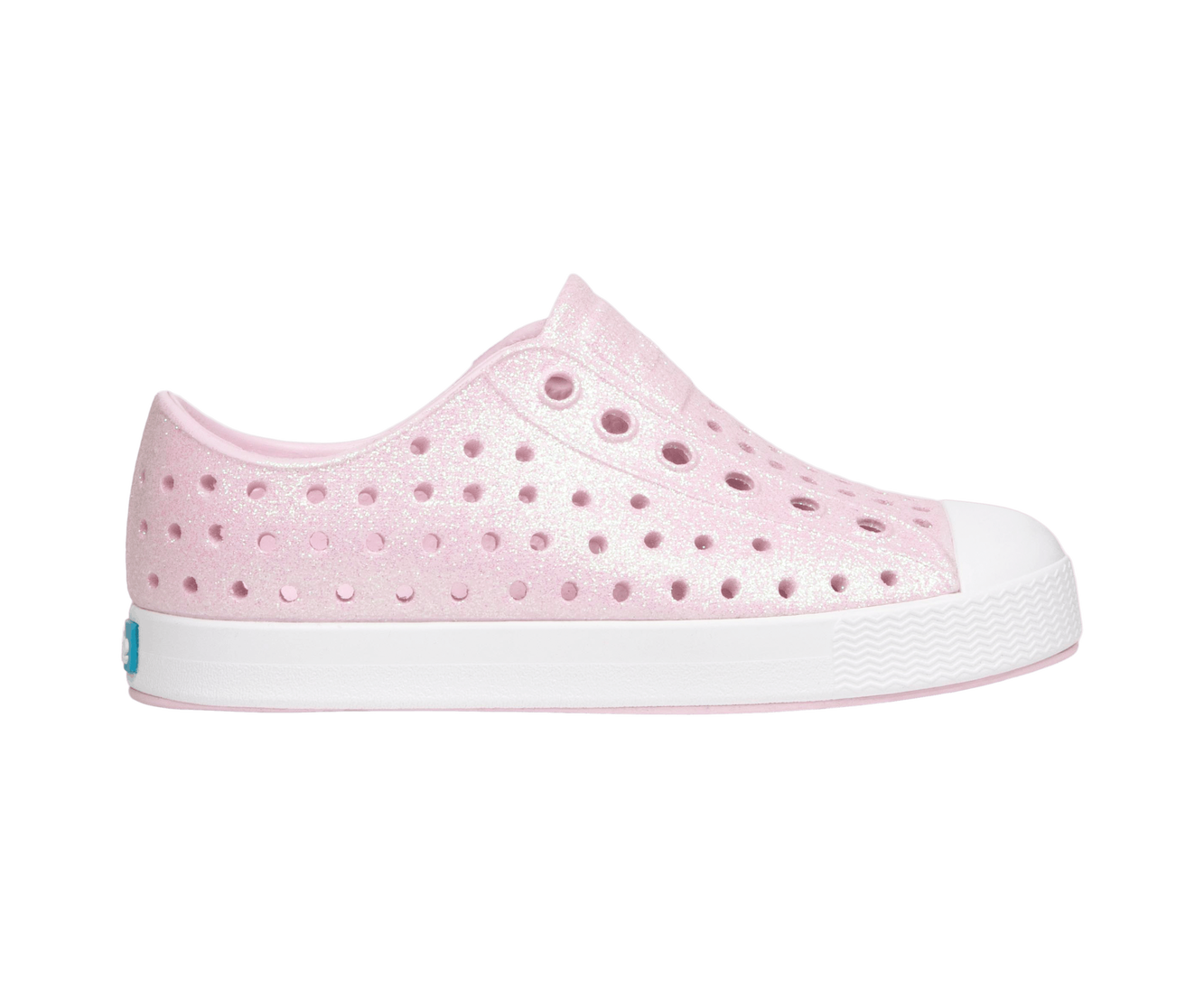 Side view of a Native Shoes Kids Jefferson Bio-Bling Kids Footwear in Barely Pink Bling / Shell White