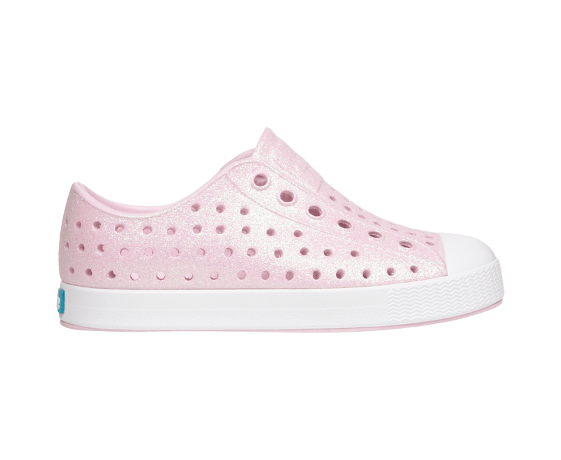 Side view of a Native Shoes Kids Jefferson Bio-Bling Kids Footwear in Barely Pink Bling / Shell White