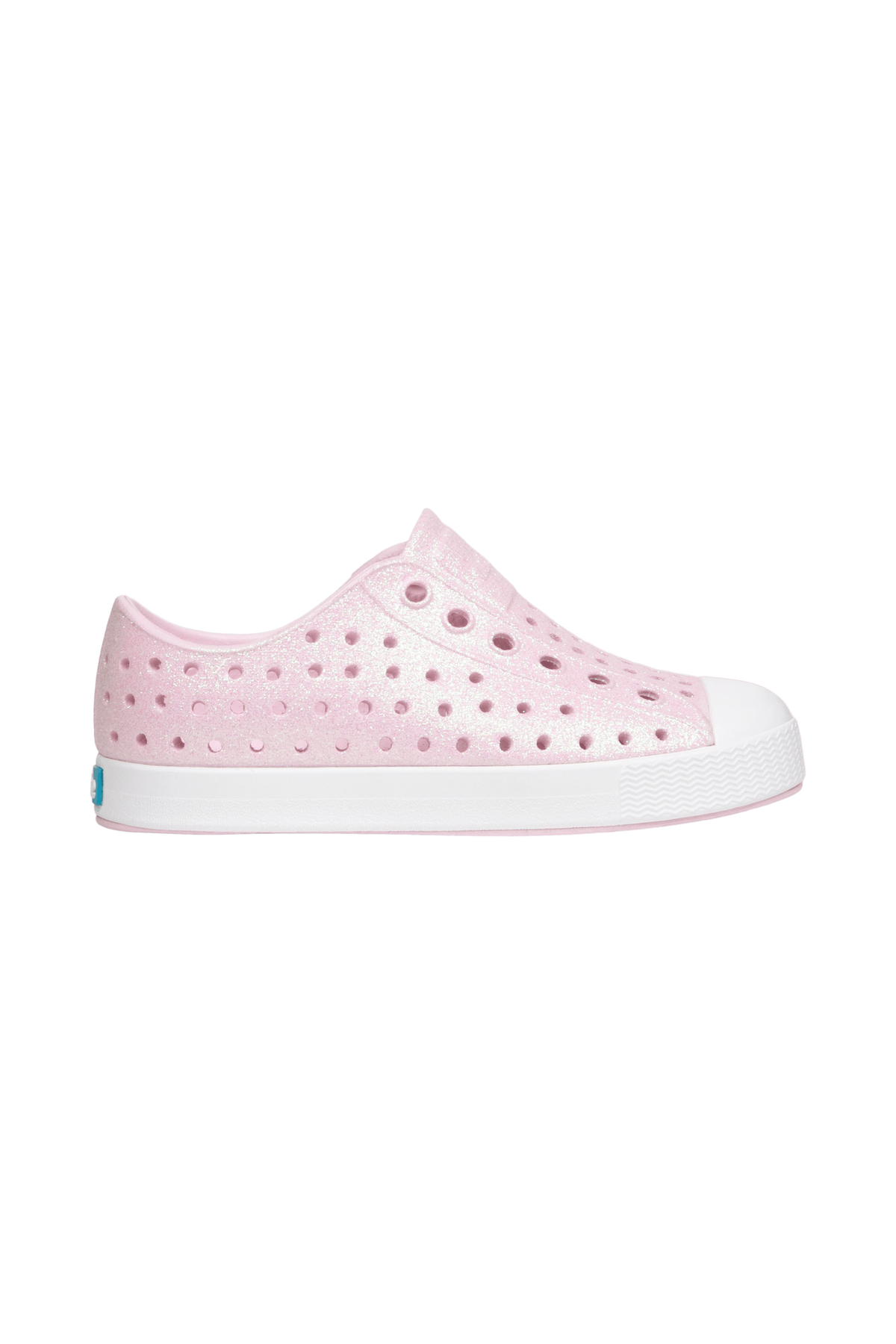 Side view of a Native Shoes Kids Jefferson Bio-Bling Kids Footwear in Barely Pink Bling / Shell White
