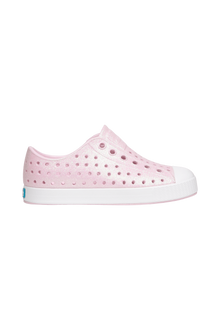 Side view of a Native Shoes Kids Jefferson Bio-Bling Kids Footwear in Barely Pink Bling / Shell White