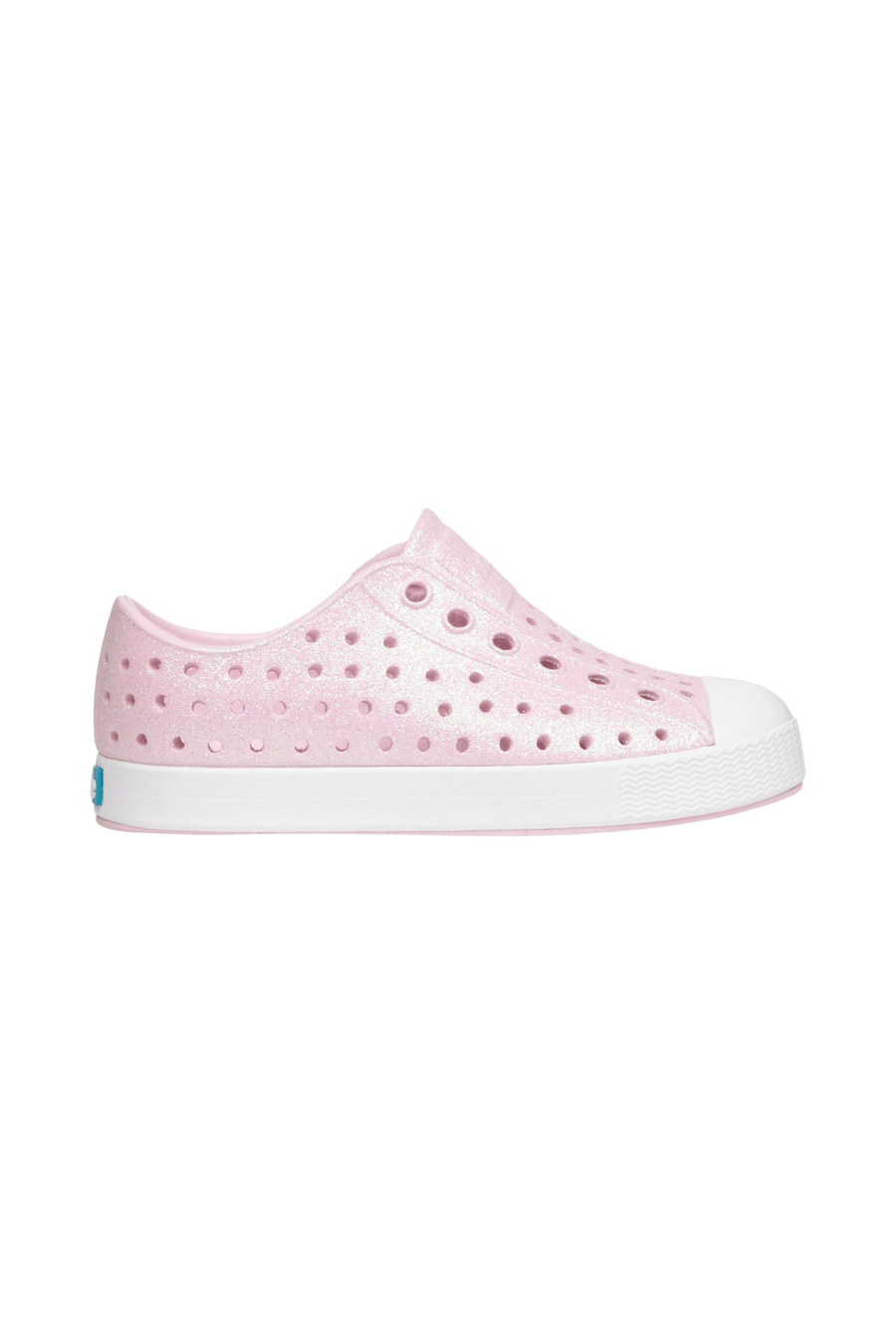 Side view of a Native Shoes Kids Jefferson Bio-Bling Kids Footwear in Barely Pink Bling / Shell White