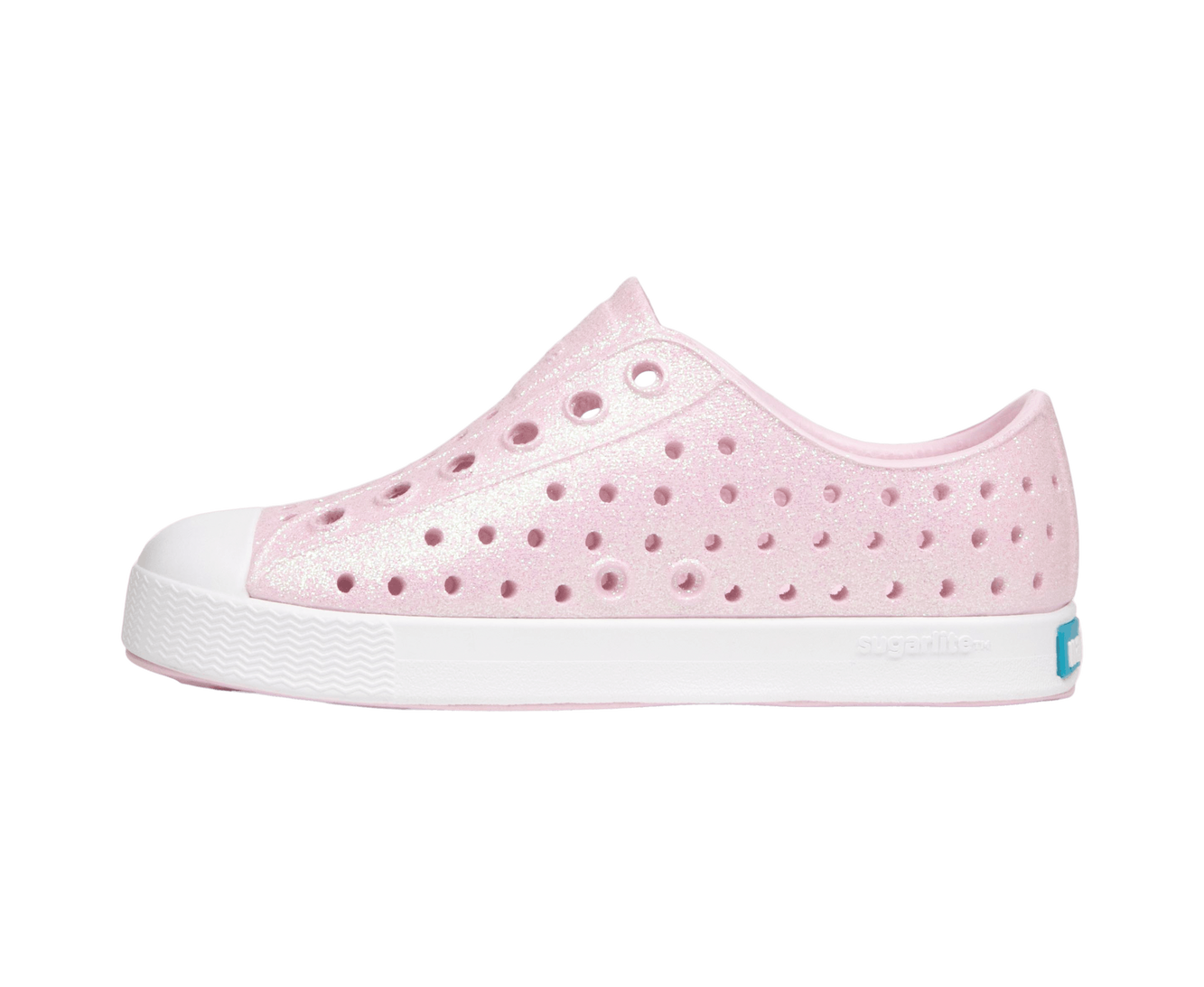 Angled view of a Native Shoes Kids Jefferson Bio-Bling Kids | Barely Pink Bling / Shell White Footwear in Barely Pink Bling / Shell White