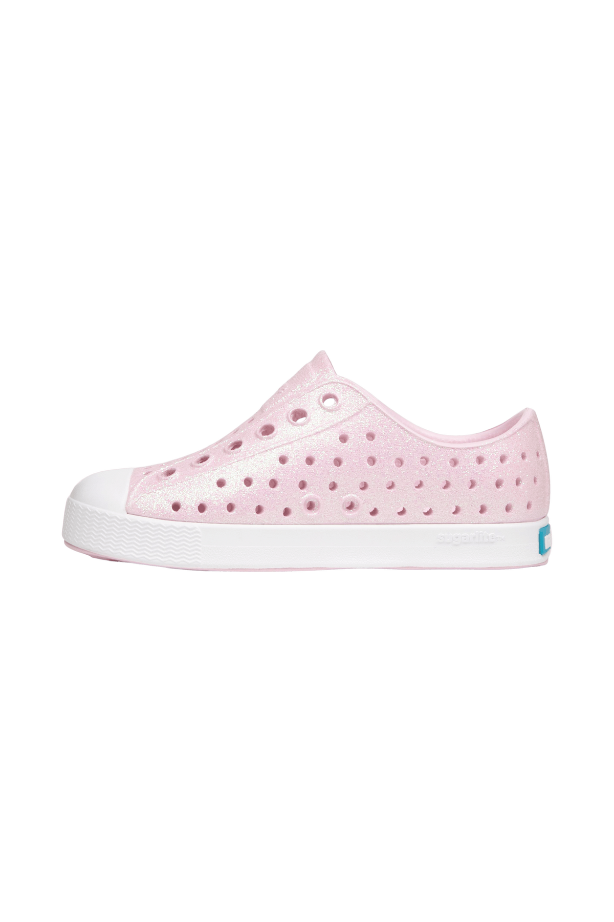 Angled view of a Native Shoes Kids Jefferson Bio-Bling Kids | Barely Pink Bling / Shell White Footwear in Barely Pink Bling / Shell White