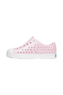 Angled view of a Native Shoes Kids Jefferson Bio-Bling Kids | Barely Pink Bling / Shell White Footwear in Barely Pink Bling / Shell White