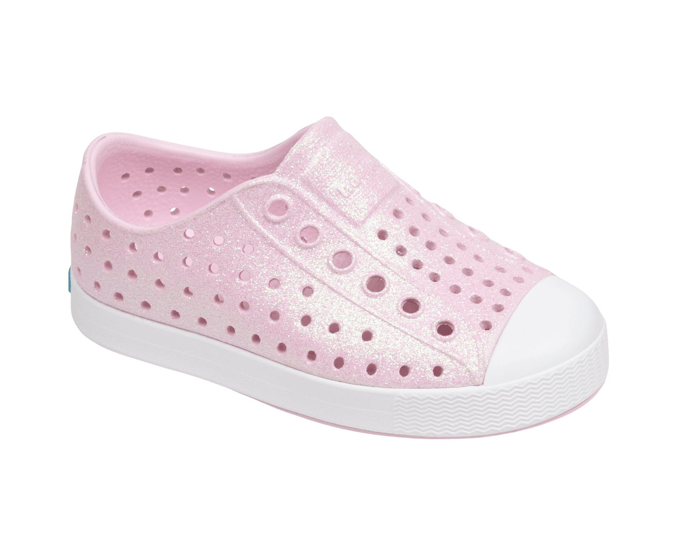 Bottom view of a Native Shoes Kids Jefferson Bio-Bling Kids | Barely Pink Bling / Shell White Footwear in Barely Pink Bling / Shell White