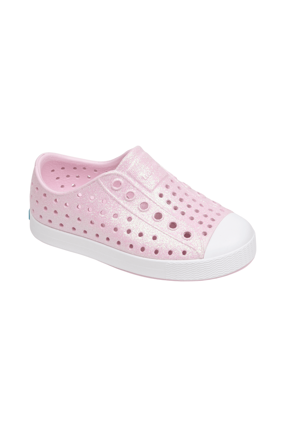 Bottom view of a Native Shoes Kids Jefferson Bio-Bling Kids | Barely Pink Bling / Shell White Footwear in Barely Pink Bling / Shell White
