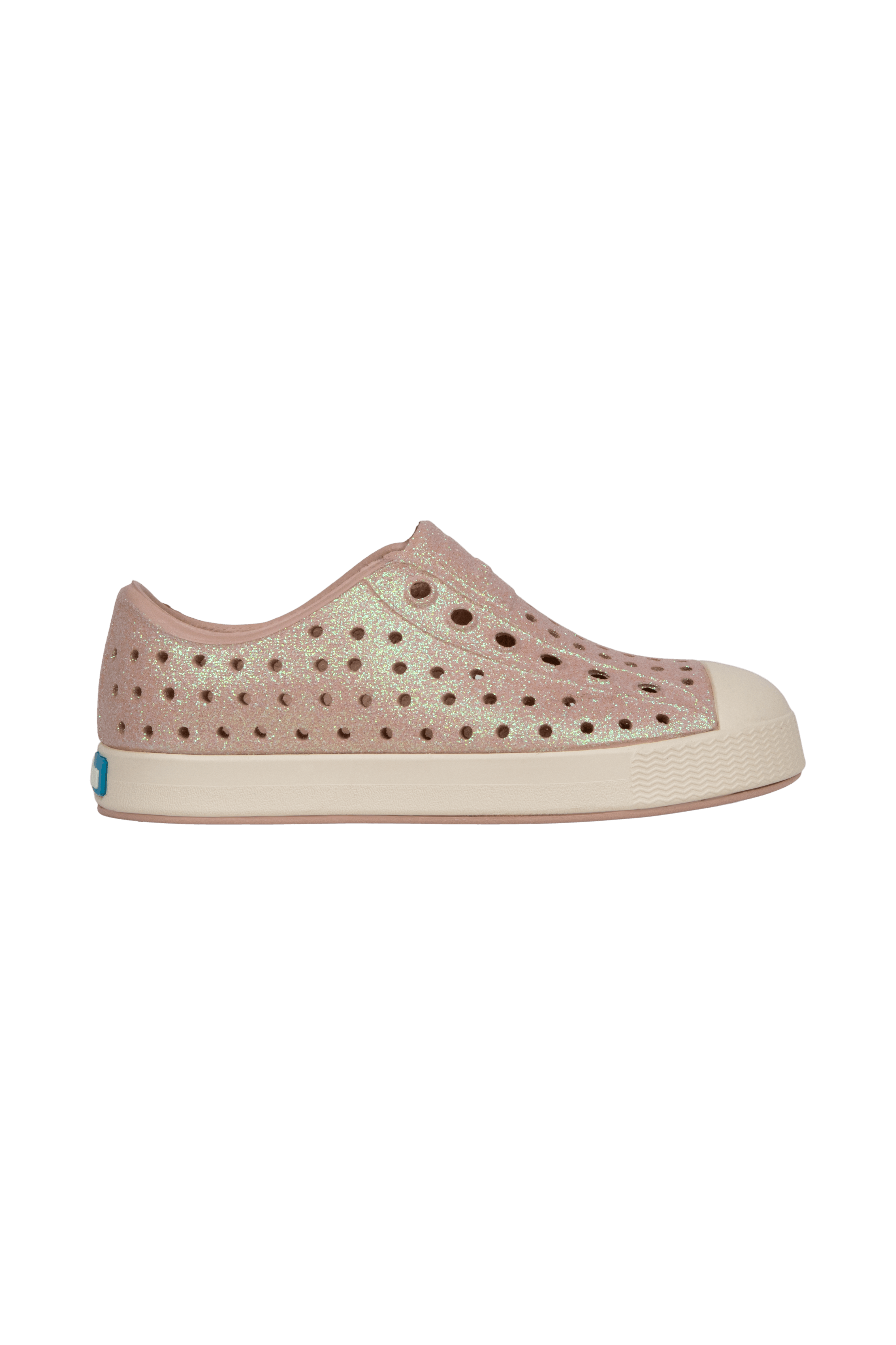 Side view of a Native Shoes Kids Jefferson Bio-Bling Kids Footwear in Chameleon Pink Bling / Bone White