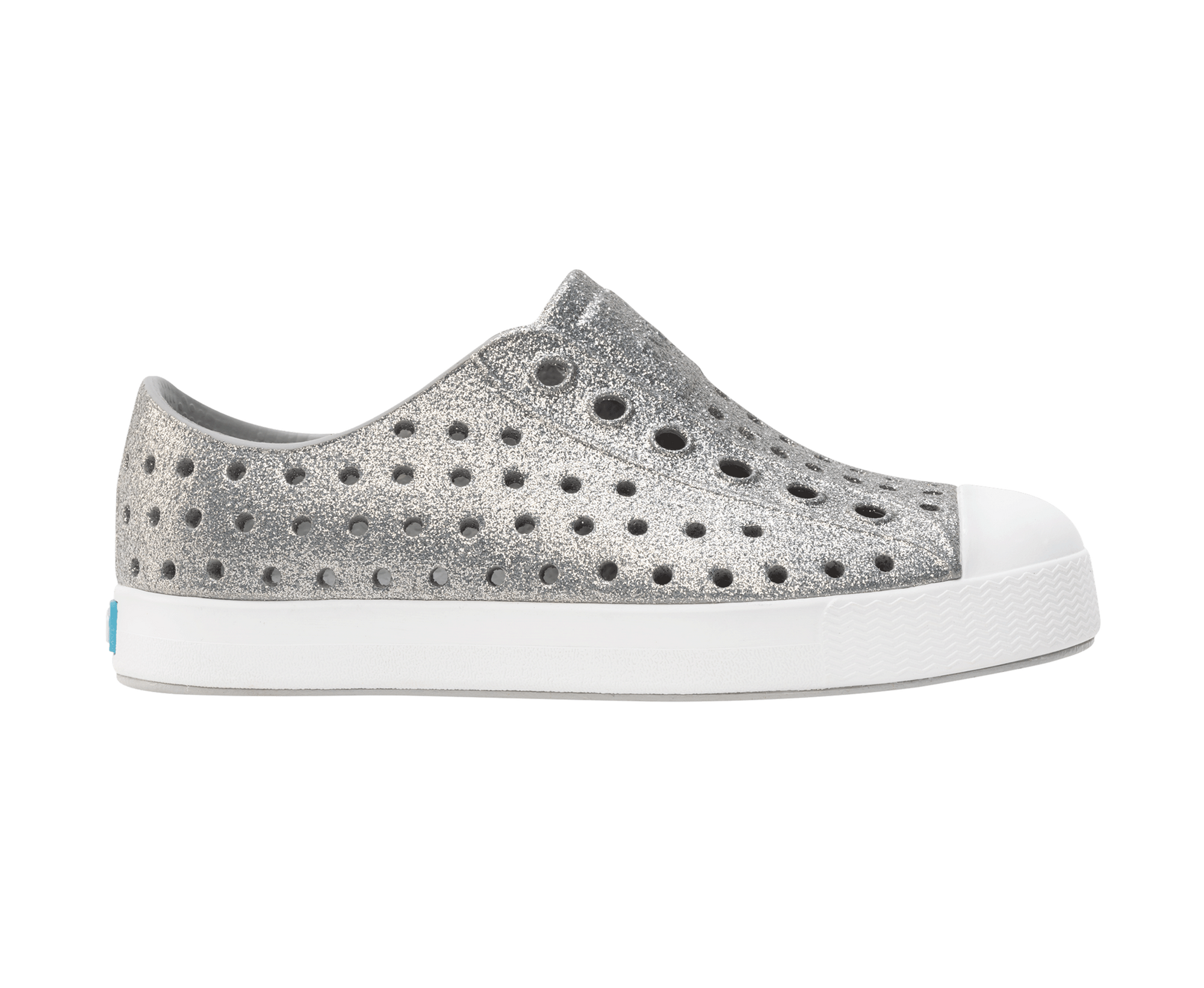 Side view of a Native Shoes Kids Jefferson Bio-Bling Kids Footwear in Platinum Bling / Shell White