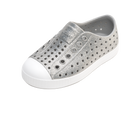 Angled view of a Native Shoes Kids Jefferson Bio-Bling Kids | Platinum Bling / Shell White Footwear in Platinum Bling / Shell White