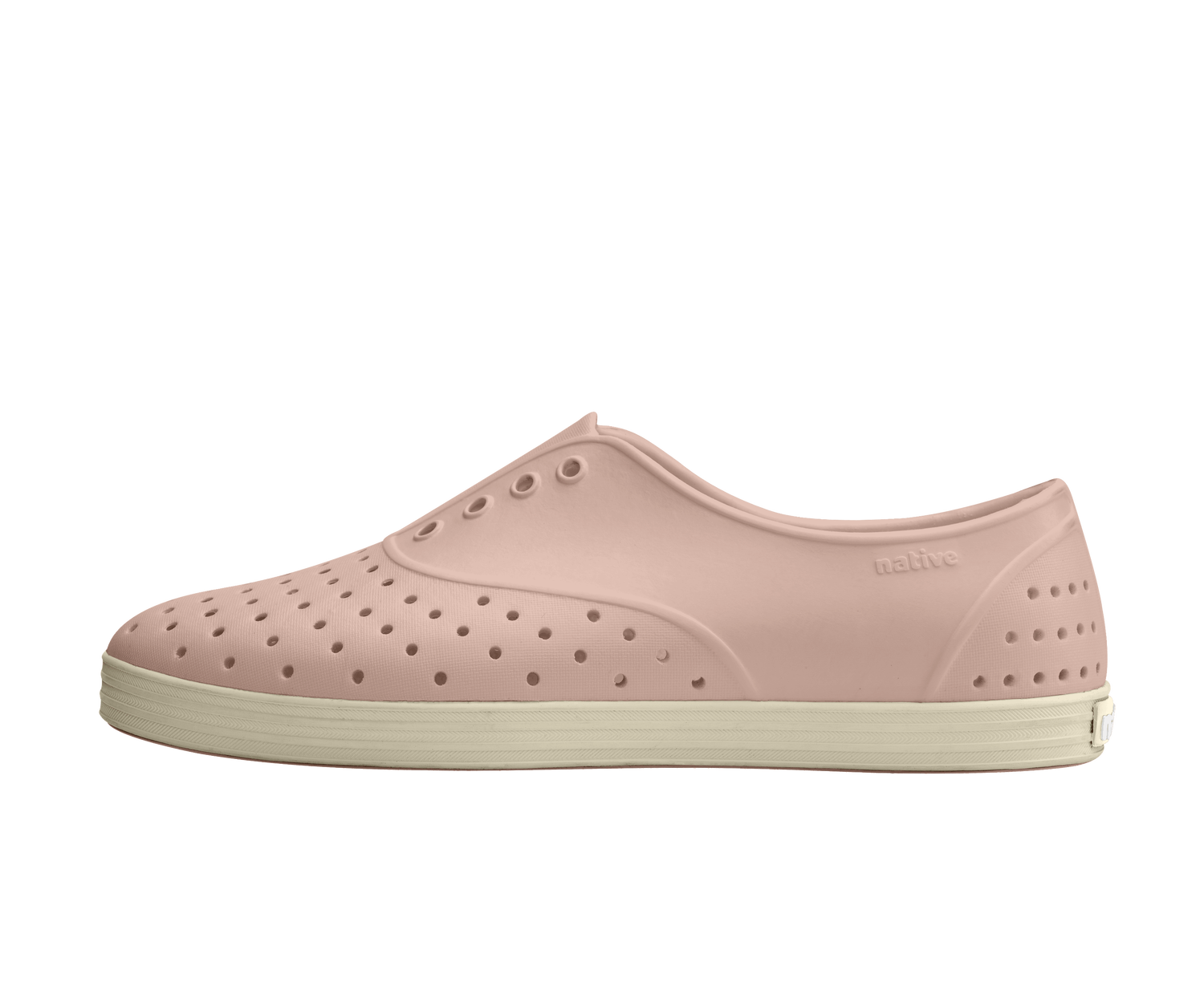 Side view of a Native Shoes Adults Jericho Wanderfoam Footwear in Chameleon Pink / Bone White