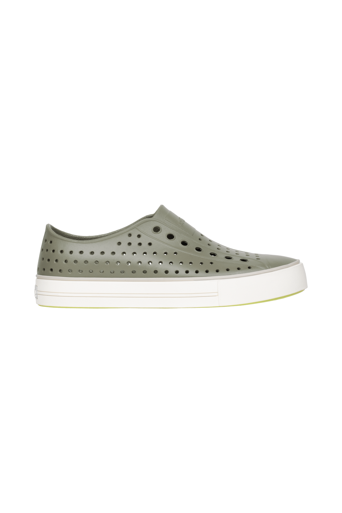 Side view of a Native Shoes Adults Jefferson Arc Wanderfoam Footwear in Vetiver Grey / Whisper White