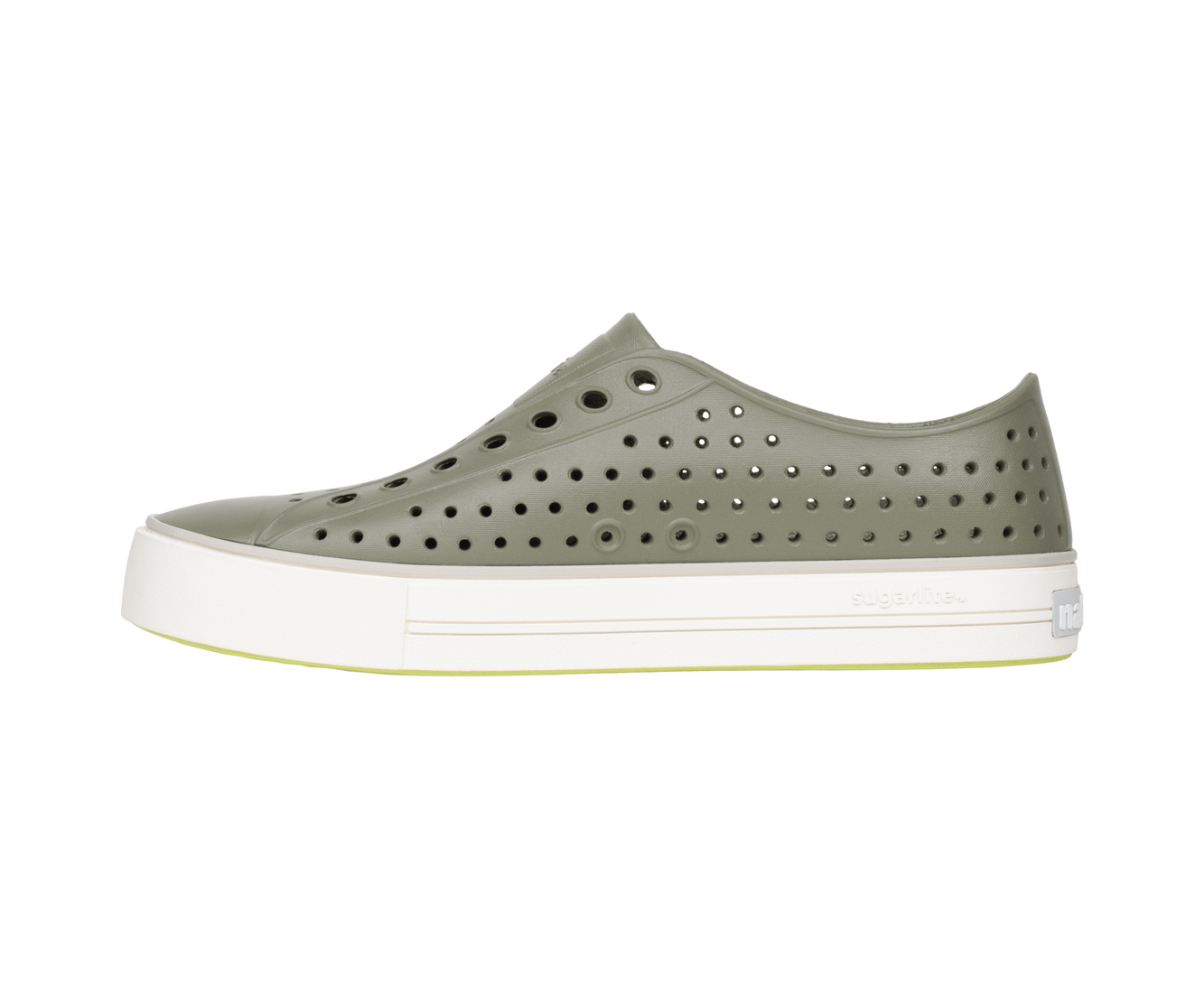 Angled view of a Native Shoes Jefferson Arc Wanderfoam | Vetiver Grey / Whisper White Footwear in Vetiver Grey / Whisper White