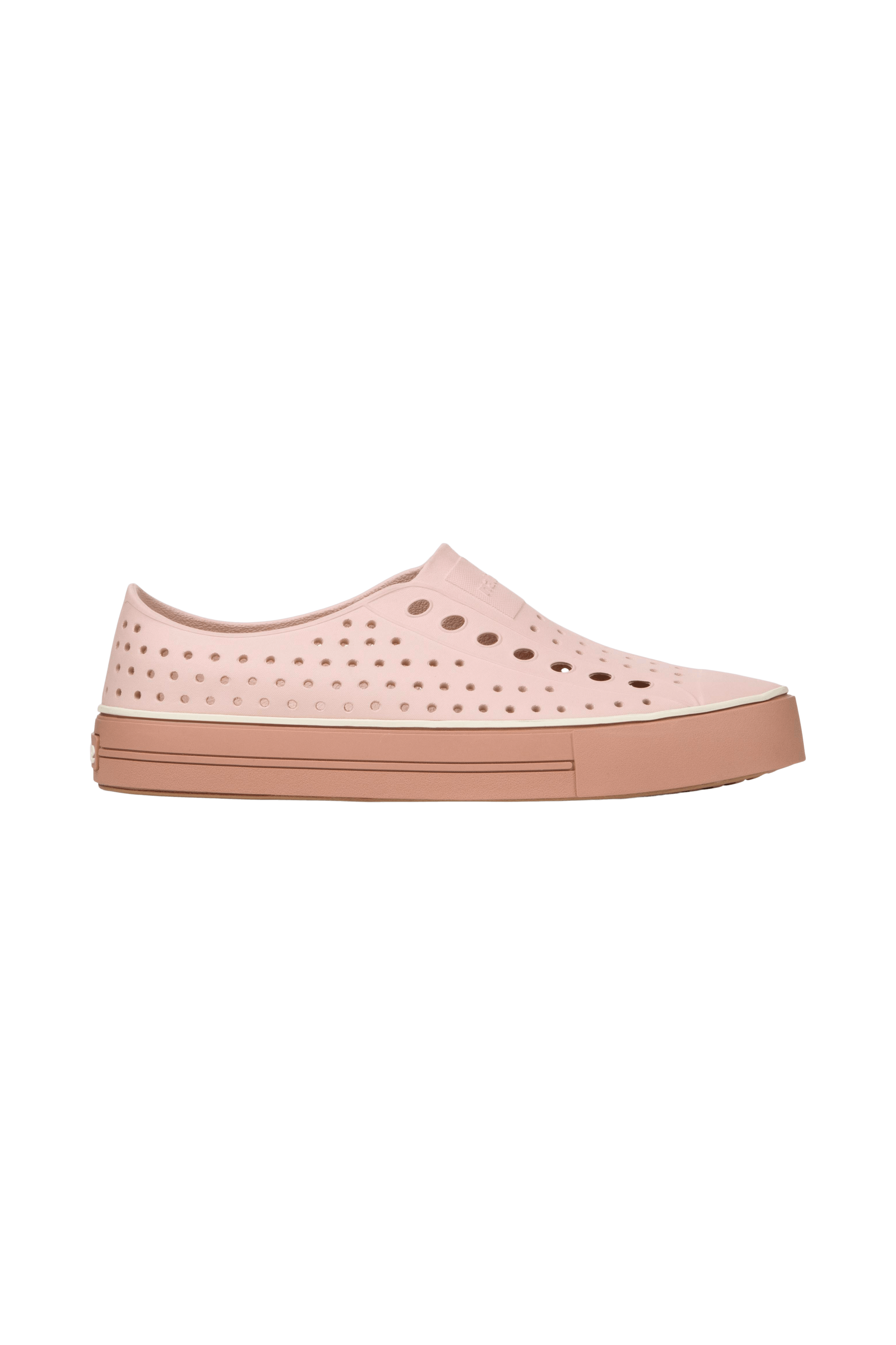 Side view of a Native Shoes Adults Jefferson Arc Wanderfoam Footwear in Chameleon Pink / Bruschetta Brown