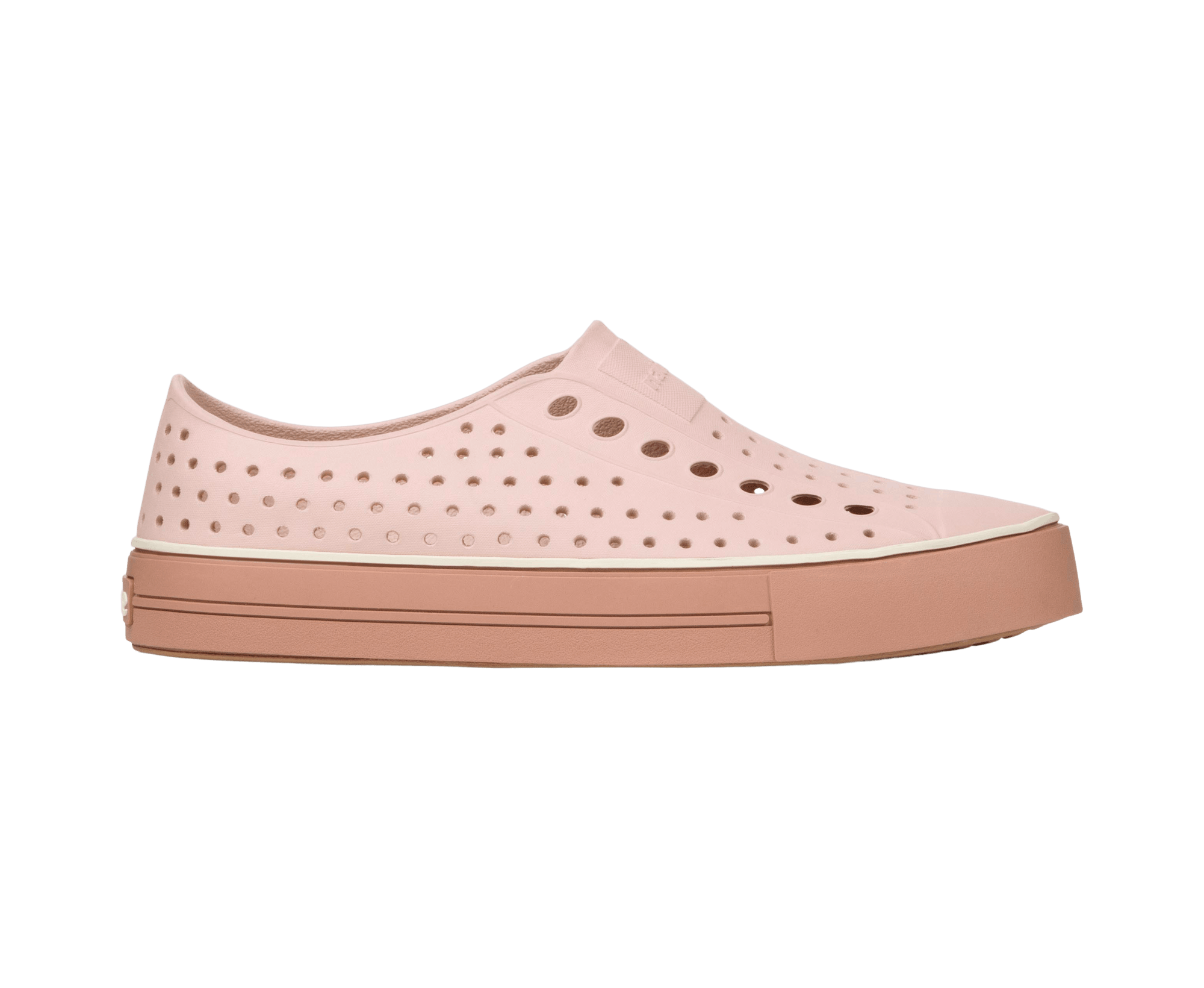 Side view of a Native Shoes Adults Jefferson Arc Wanderfoam Footwear in Chameleon Pink / Bruschetta Brown