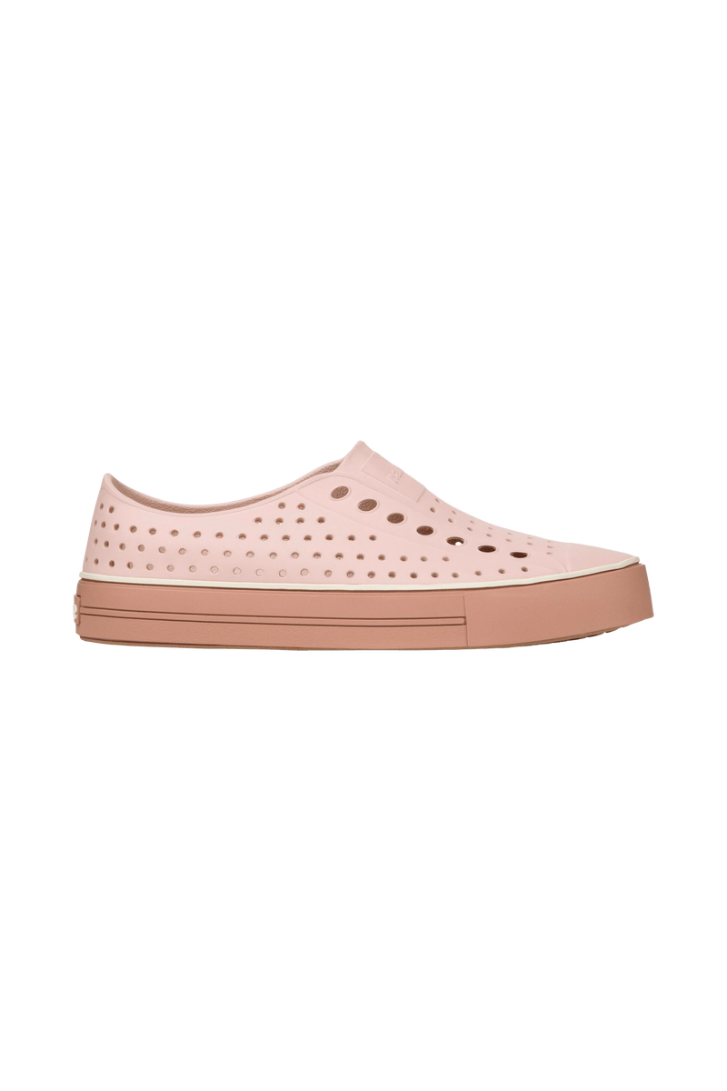 Side view of a Native Shoes Adults Jefferson Arc Wanderfoam Footwear in Chameleon Pink / Bruschetta Brown