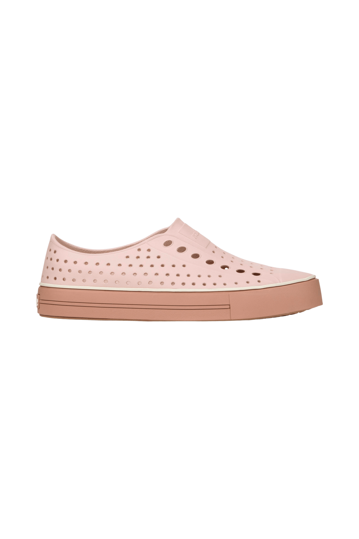 Side view of a Native Shoes Adults Jefferson Arc Wanderfoam Footwear in Chameleon Pink / Bruschetta Brown