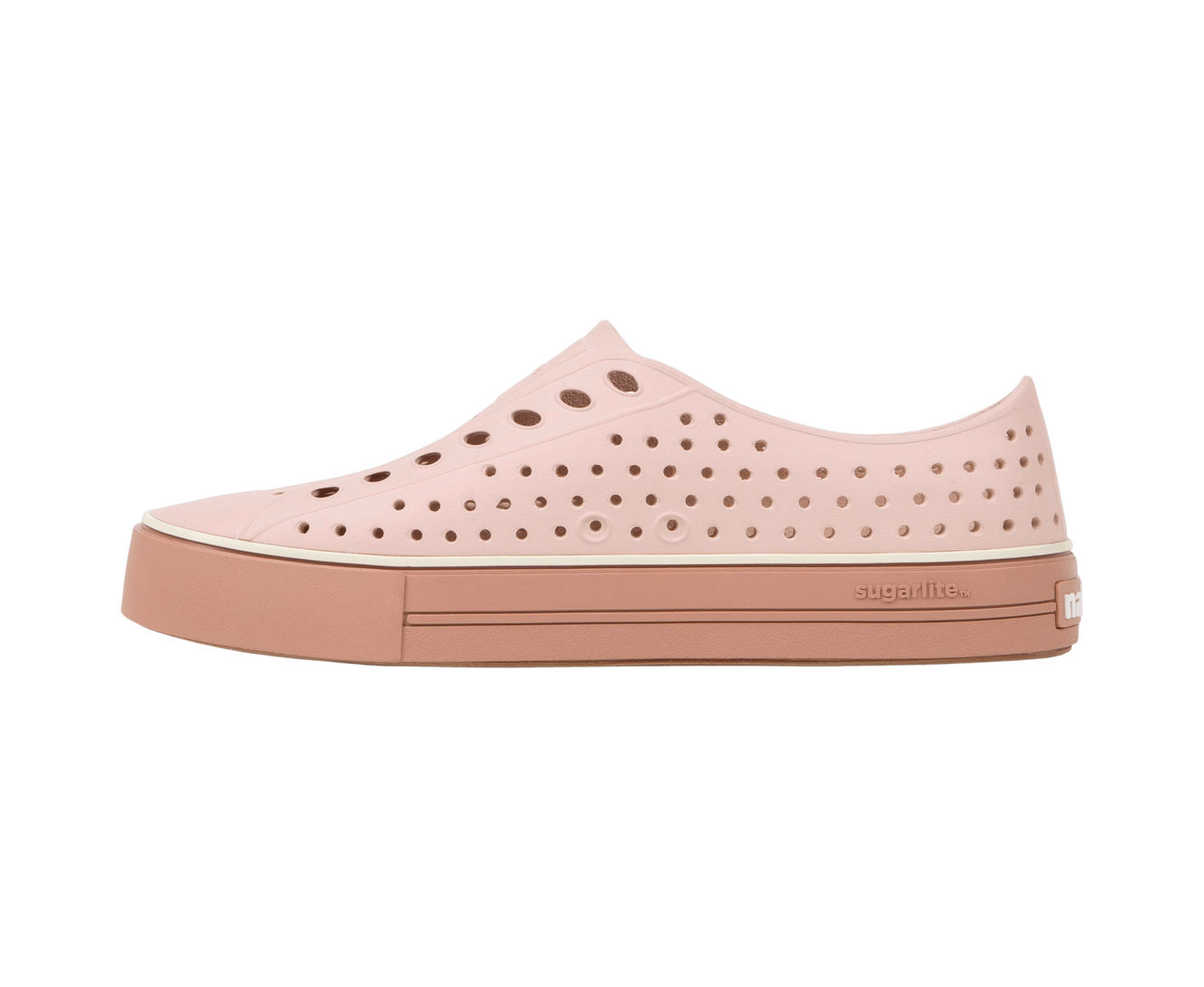 Angled view of a Native Shoes Jefferson Arc Wanderfoam | Chameleon Pink / Bruschetta Brown Footwear in Chameleon Pink / Bruschetta Brown