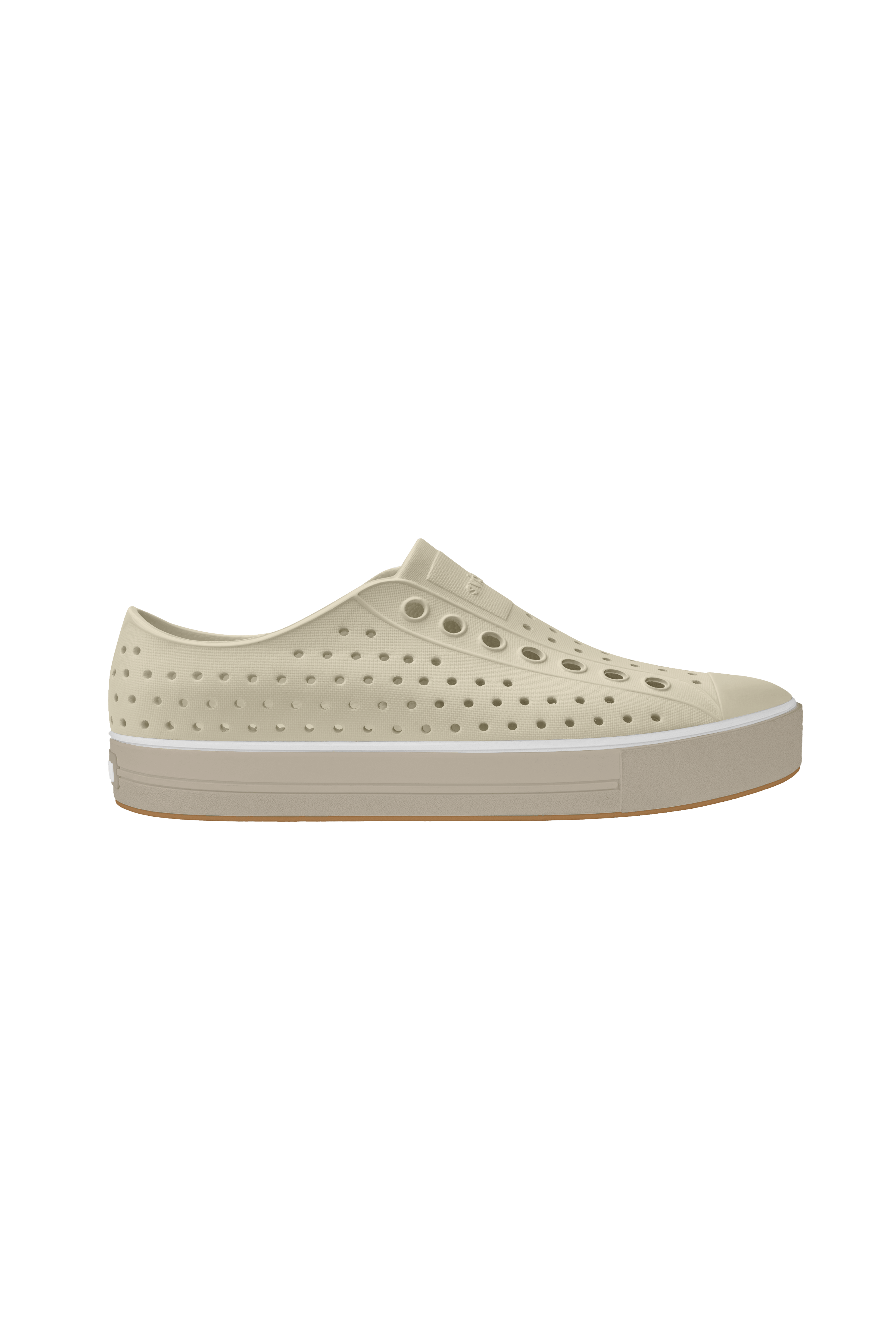 Side view of a Native Shoes Adults Jefferson Arc Wanderfoam Footwear in Bone White / Fog Beige