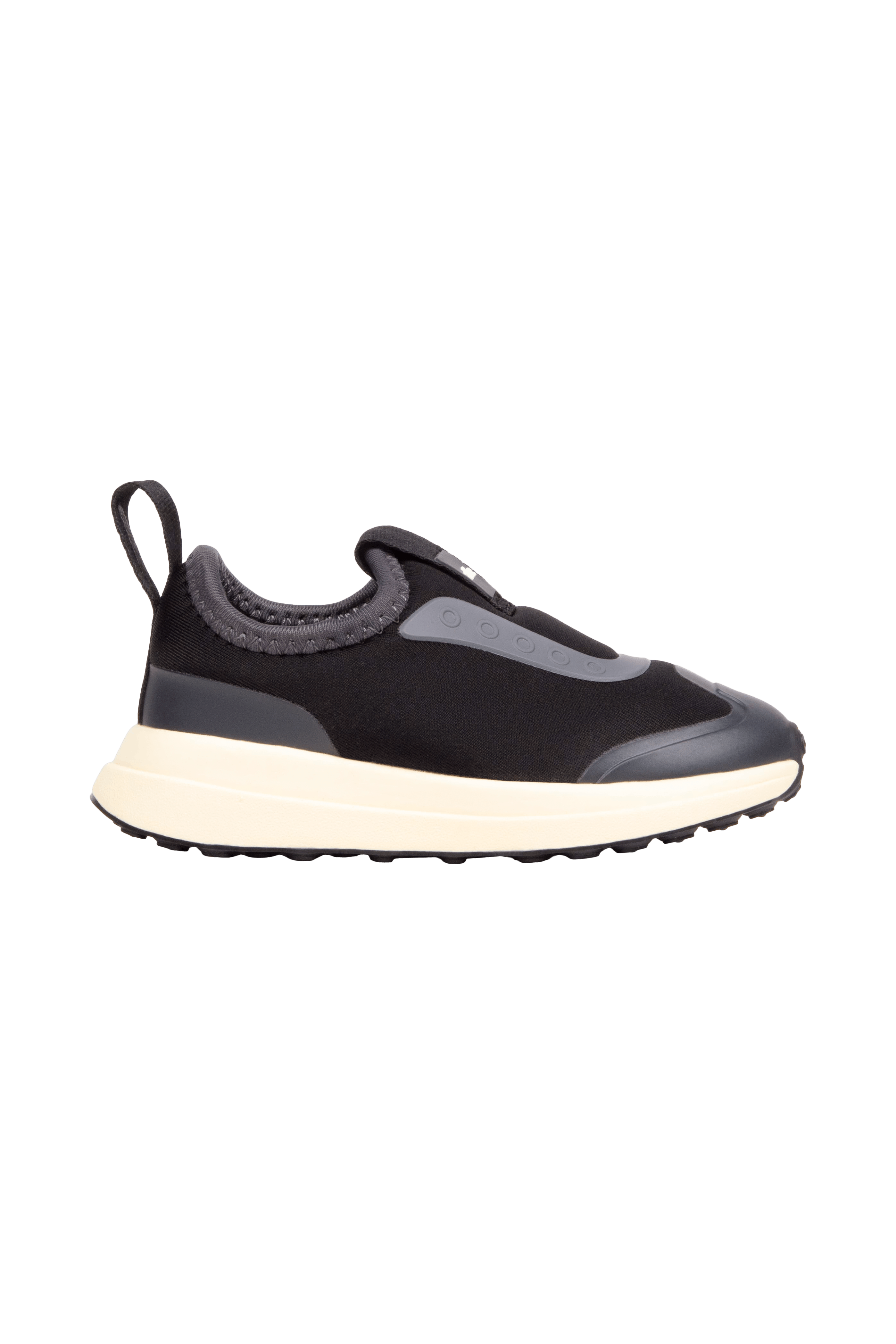 Side view of a Native Shoes Kids Robbie Dash Kids Footwear in Jiffy Black / Tapioca Off White / Jiffy Black