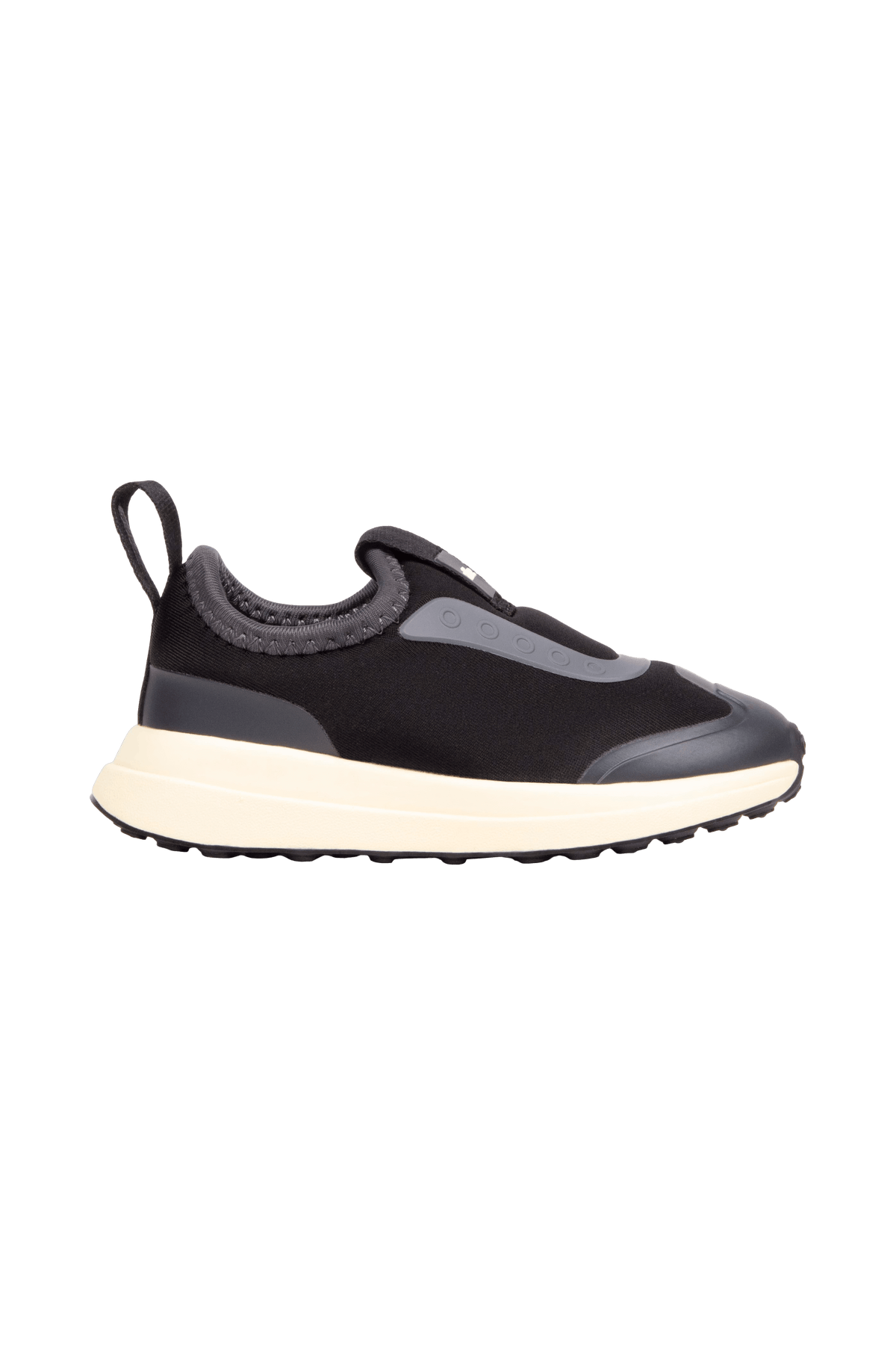 Side view of a Native Shoes Kids Robbie Dash Kids Footwear in Jiffy Black / Tapioca Off White / Jiffy Black