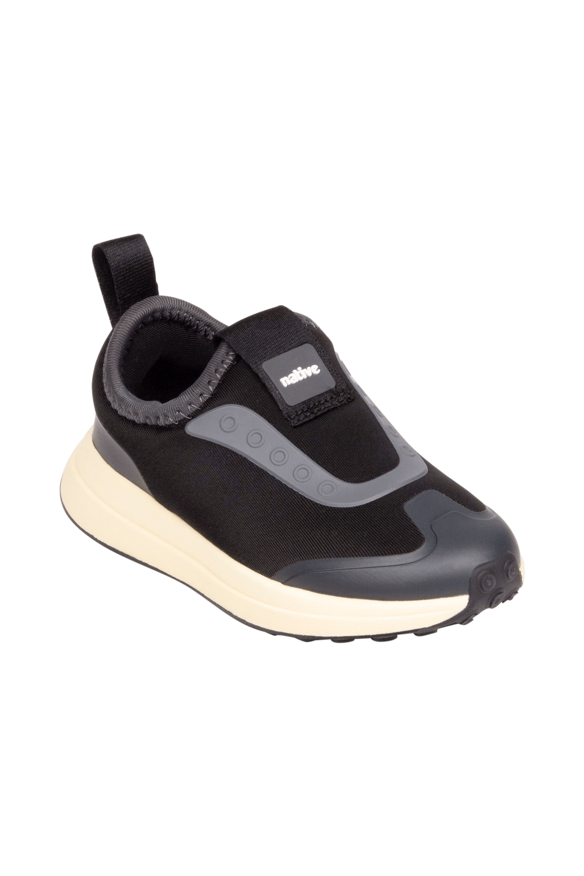 Bottom view of a Native Shoes Kids Robbie Dash Kids | Jiffy Black / Tapioca Off White / Jiffy Black Footwear in Jiffy Black / Tapioca Off White / Jiffy Black