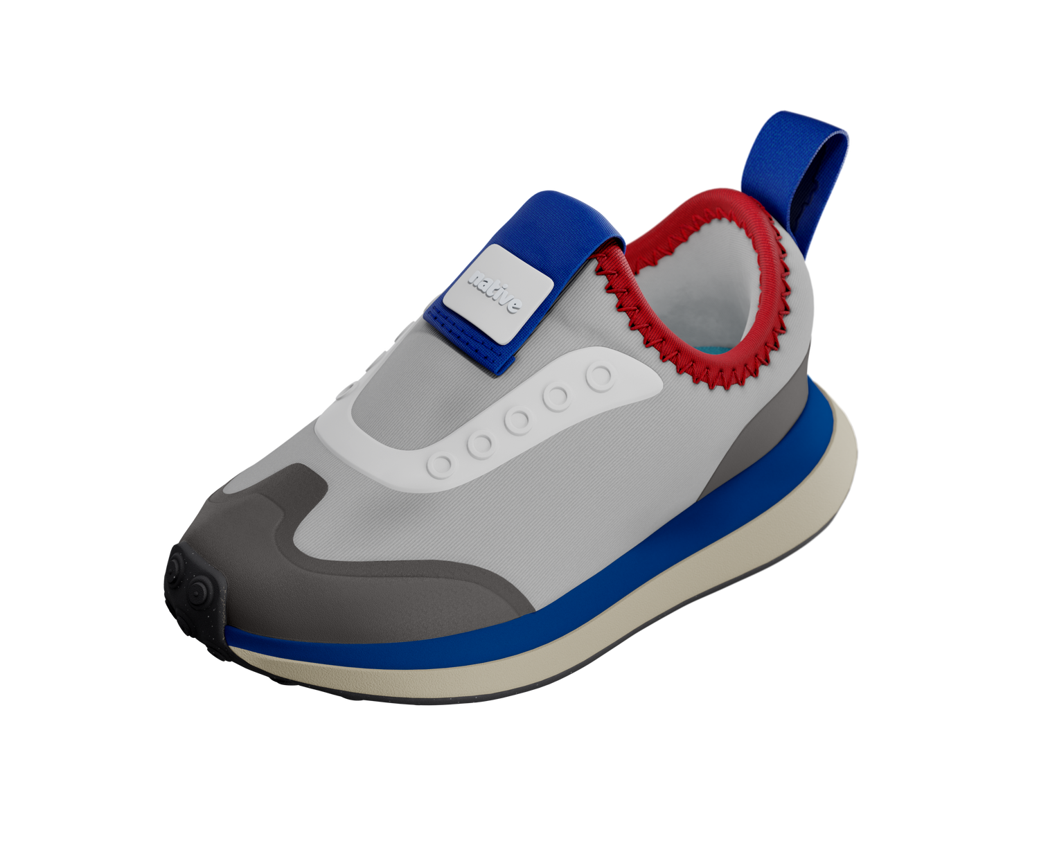 Angled view of a Native Shoes Kids Robbie Dash Kids | Hyams Grey / Tapioca Uv / Jiffy Black Footwear in Hyams Grey / Tapioca Uv / Jiffy Black