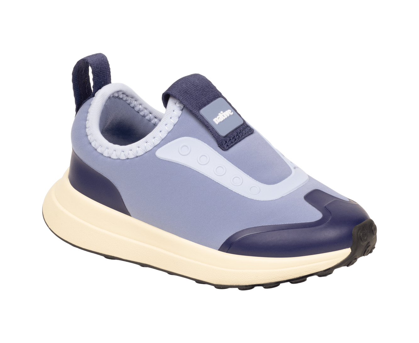 Bottom view of a Native Shoes Kids Robbie Dash Kids | Oasisbl/Tapoffwht/Jfyblk Footwear in Oasisbl/Tapoffwht/Jfyblk