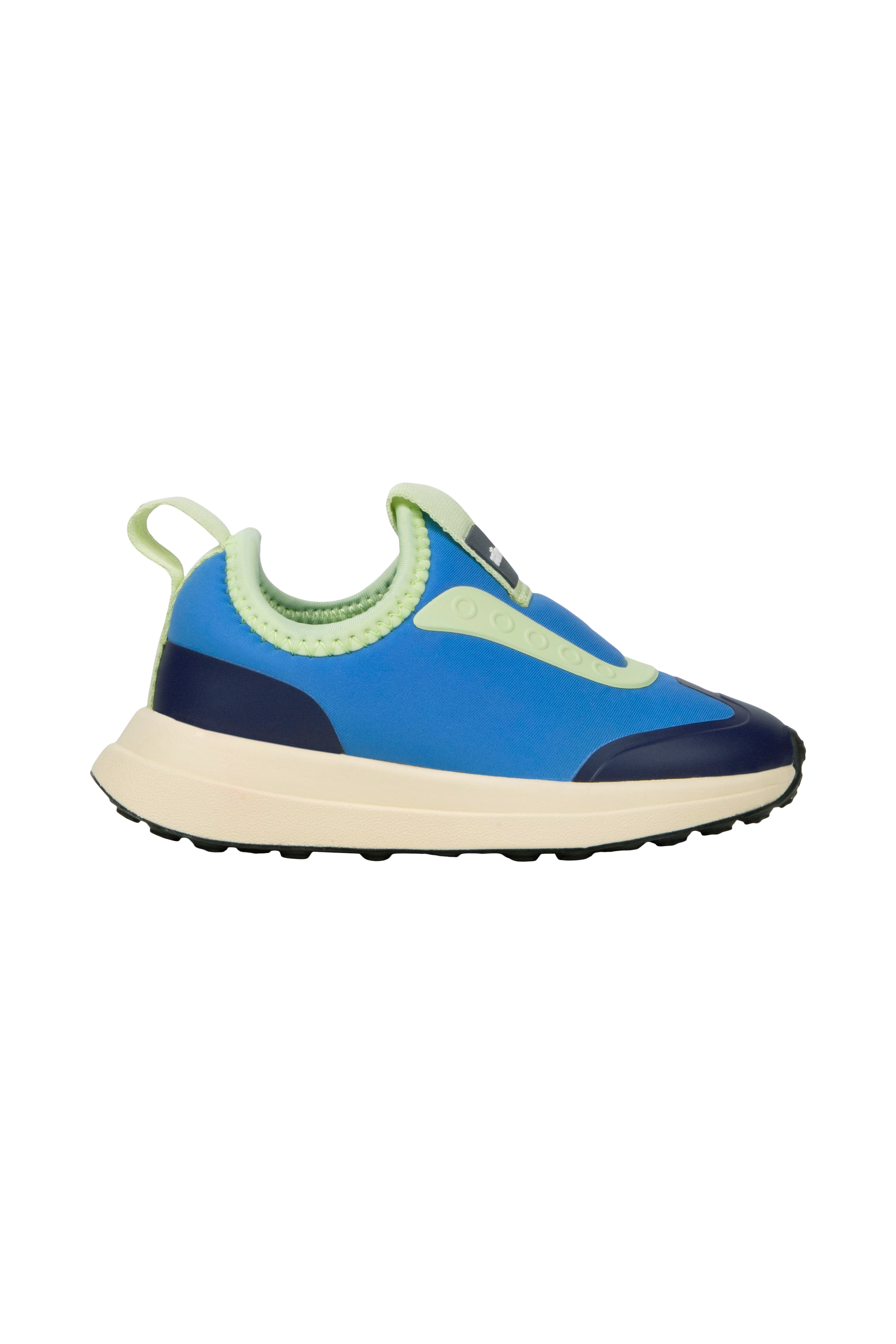 Side view of a Native Shoes Kids Robbie Dash Kids Footwear in Megamarine Blue / Tapioca Off White / Jiffy Black