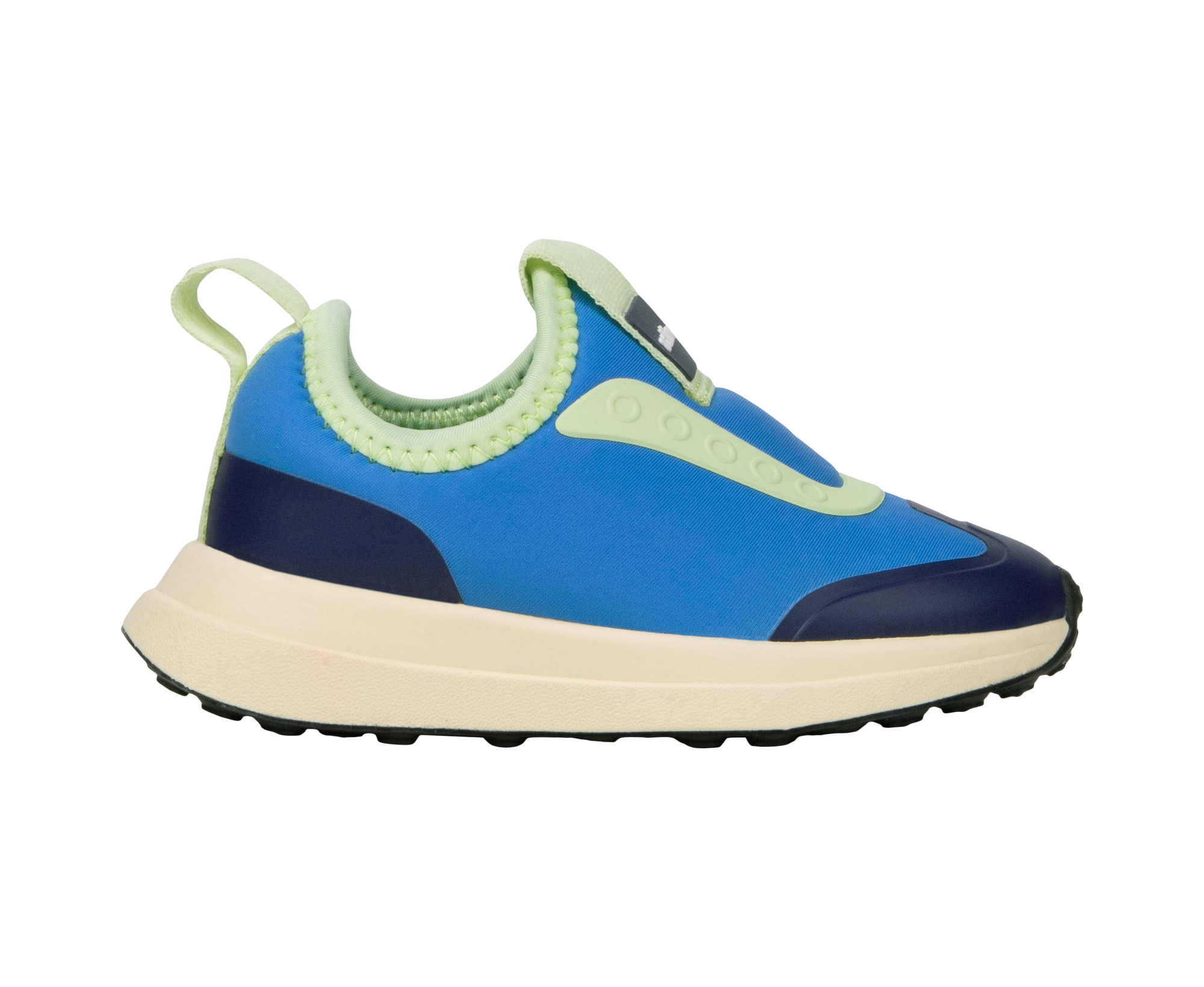Side view of a Native Shoes Kids Robbie Dash Kids Footwear in Megamarine Blue / Tapioca Off White / Jiffy Black
