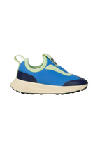 Side view of a Native Shoes Kids Robbie Dash Kids Footwear in Megamarine Blue / Tapioca Off White / Jiffy Black