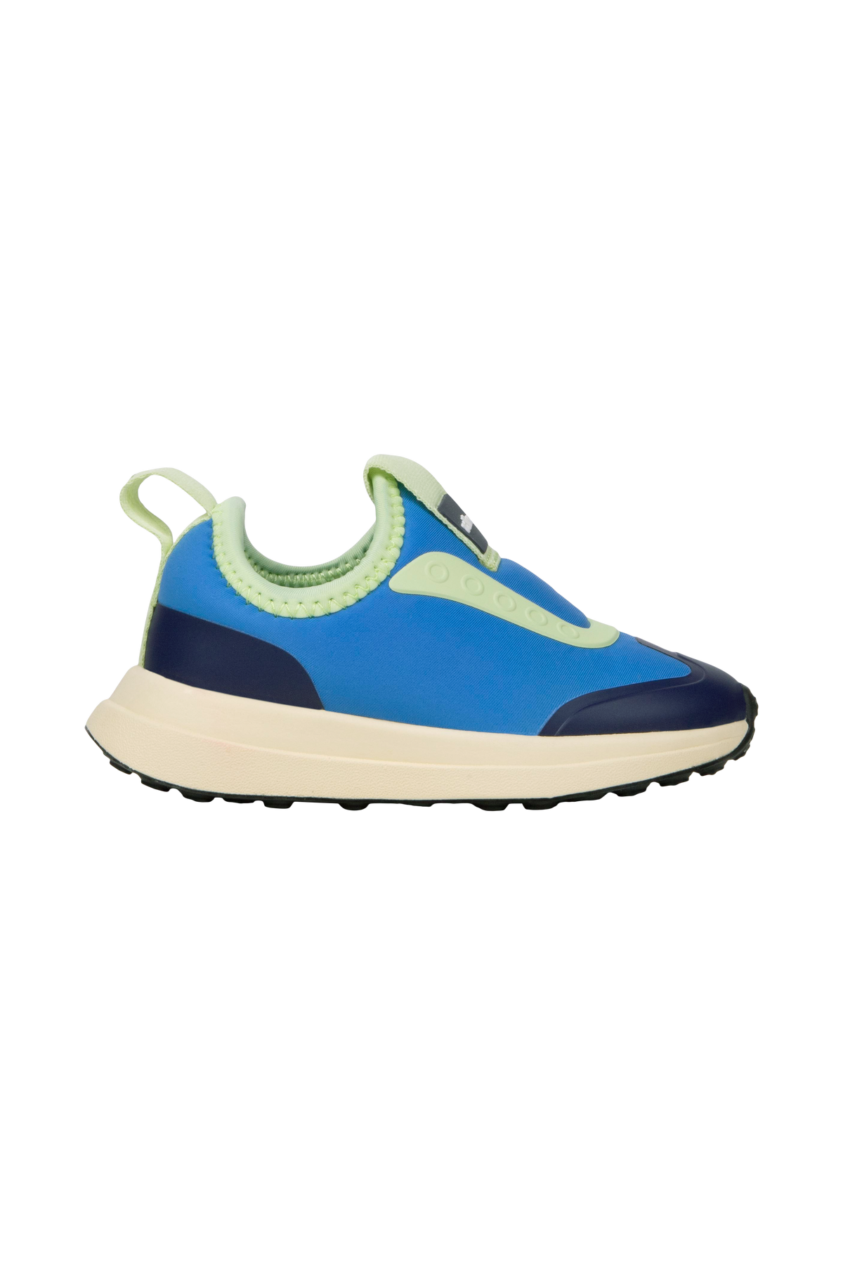 Side view of a Native Shoes Kids Robbie Dash Kids Footwear in Megamarine Blue / Tapioca Off White / Jiffy Black