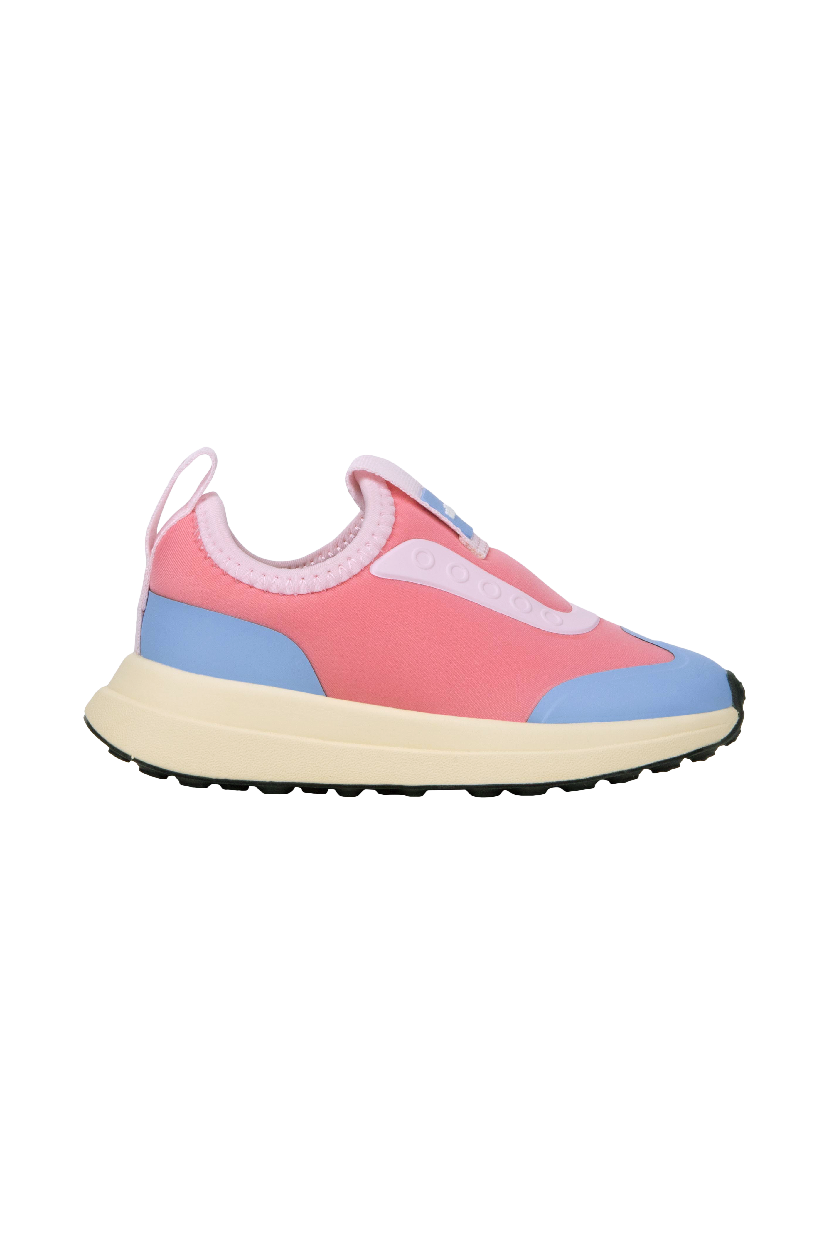 Side view of a Native Shoes Kids Robbie Dash Kids Footwear in Flamingo Pink / Tapioca Off White / Jiffy Black