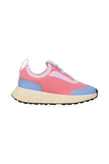 Side view of a Native Shoes Kids Robbie Dash Kids Footwear in Flamingo Pink / Tapioca Off White / Jiffy Black