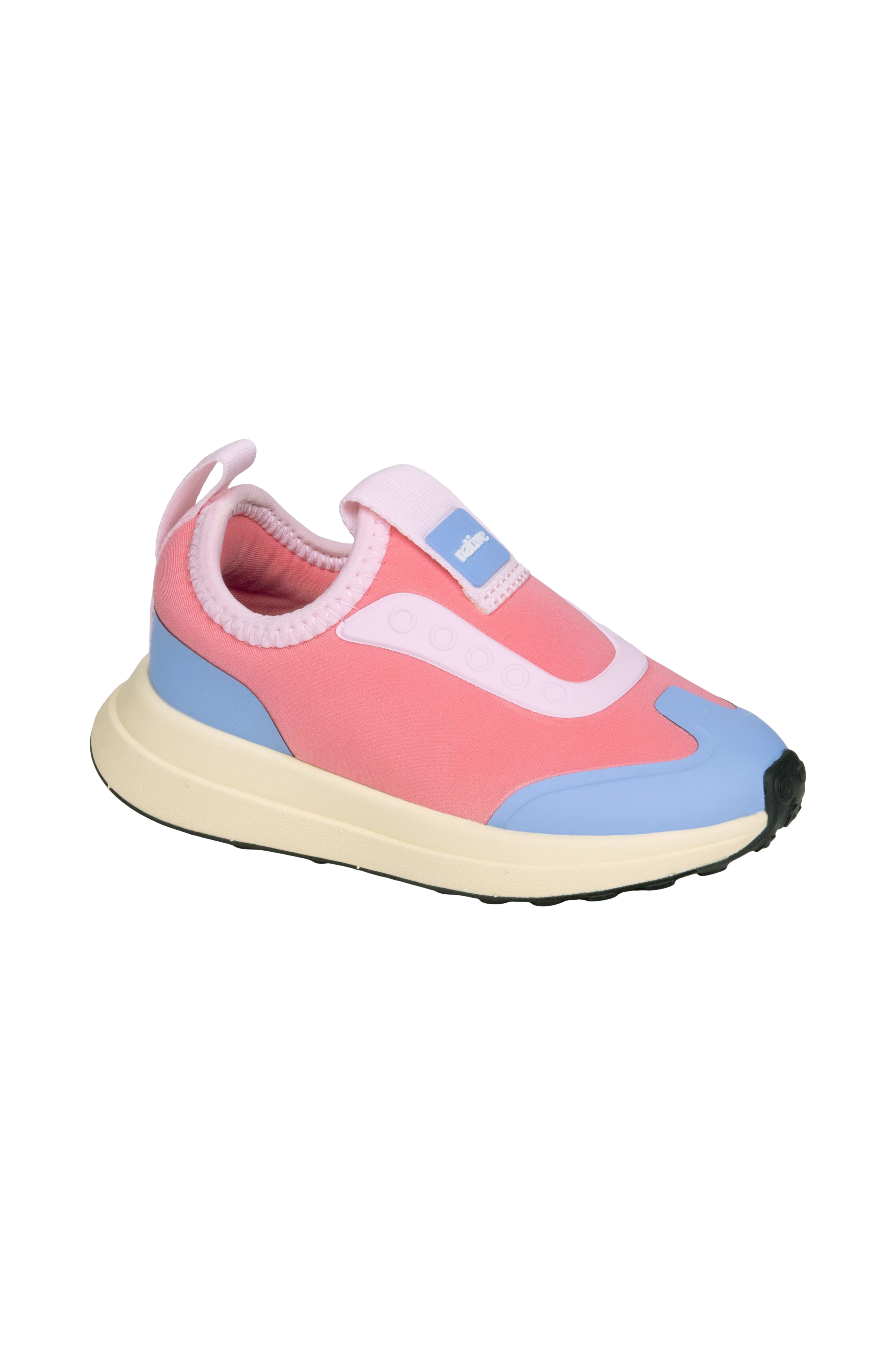 Angled view of a Native Shoes Kids Robbie Dash Kids | Flamingo Pink / Tapioca Off White / Jiffy Black Footwear in Flamingo Pink / Tapioca Off White / Jiffy Black